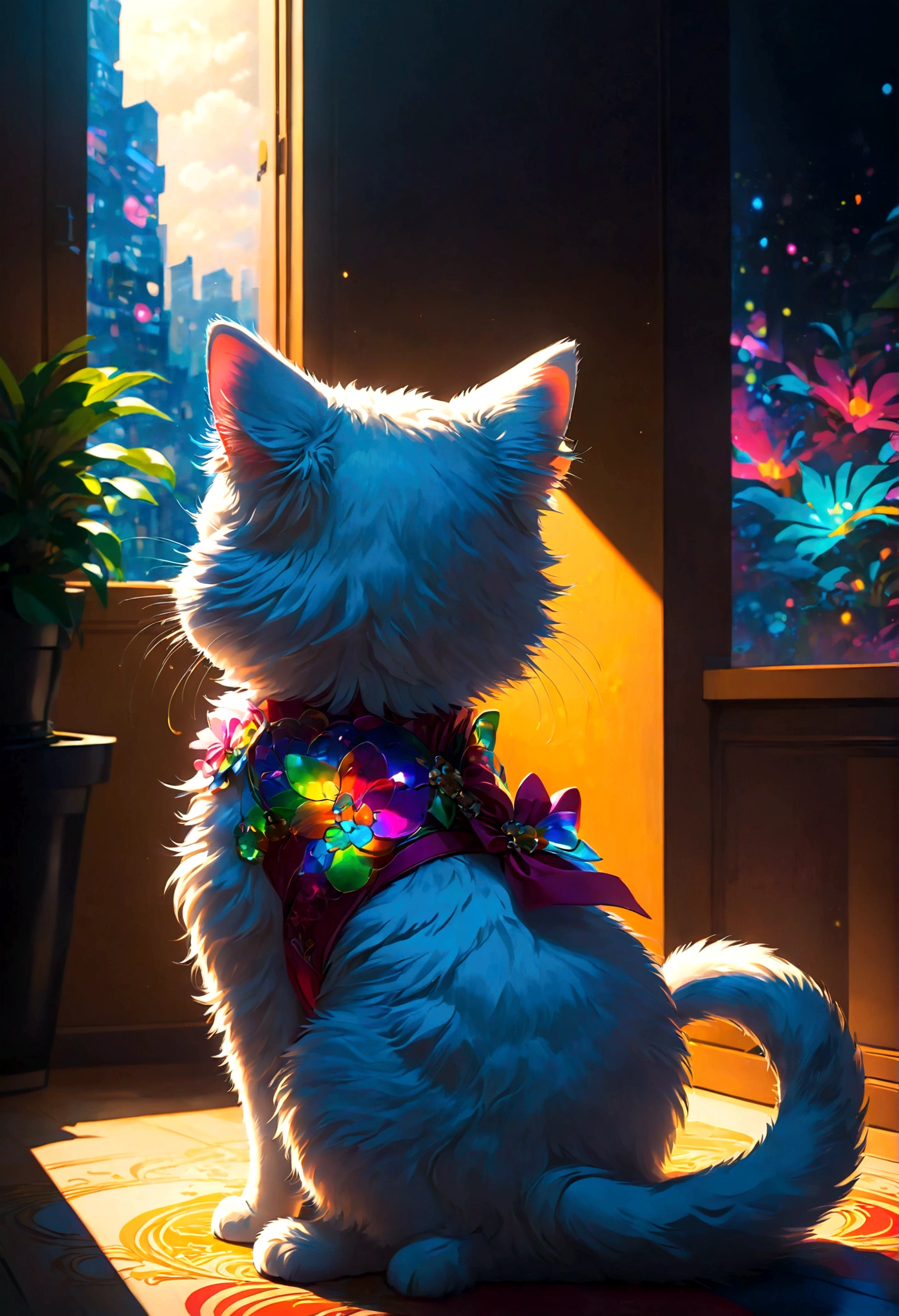 Hello Kitty cat, cute, (Back View:1.4), indoor, by the window, anime screenshot, source_anime, dramatic composition, cinematic dynamic action scene, vibrant colors, cinematic lighting, dramatic lighting, best quality, masterpiece, very aesthetic, perfect composition, intricate details, ultra-detailed