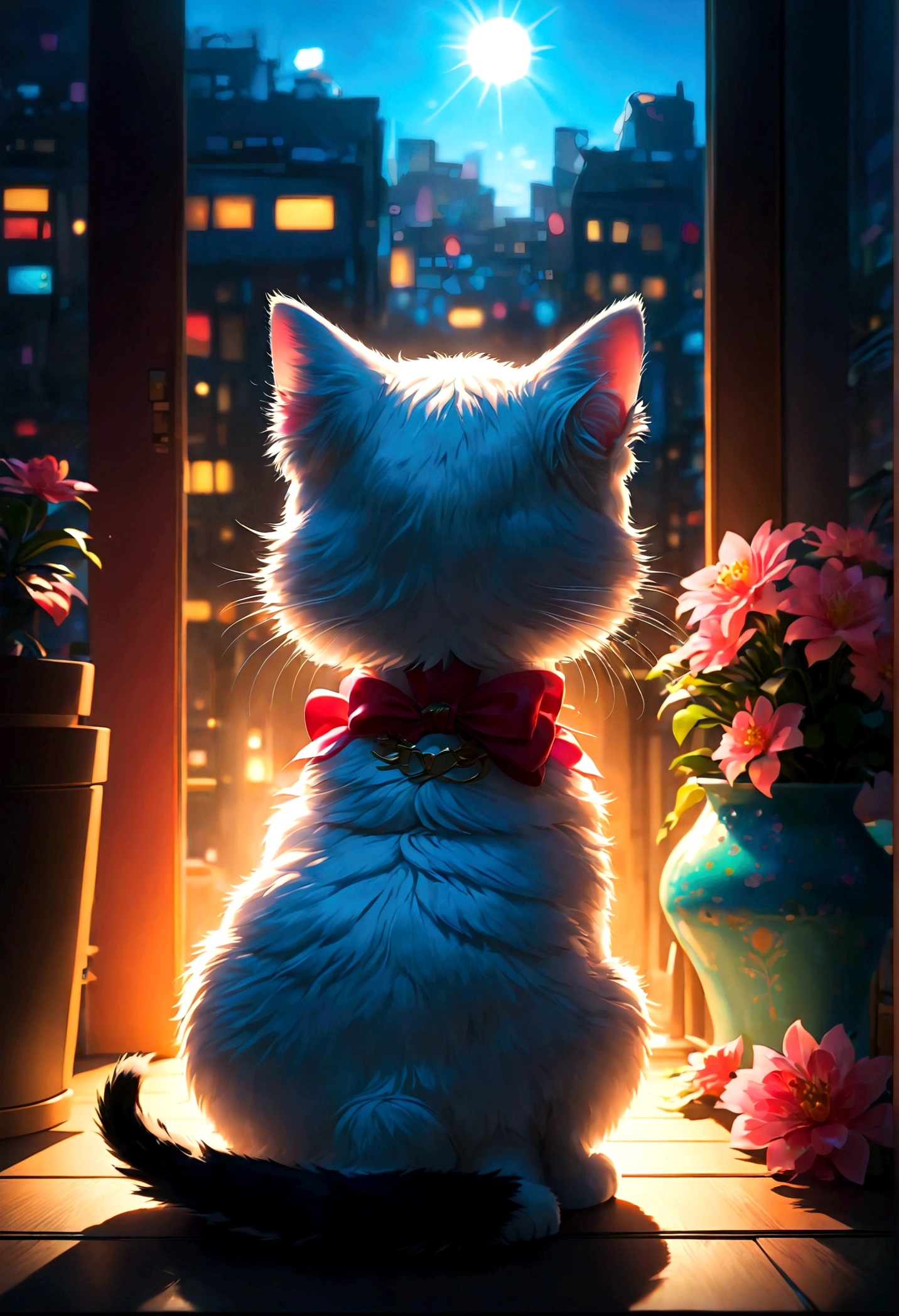Hello Kitty cat, cute, (Back View:1.4), indoor, by the window, anime screenshot, source_anime, dramatic composition, cinematic dynamic action scene, vibrant colors, cinematic lighting, dramatic lighting, best quality, masterpiece, very aesthetic, perfect composition, intricate details, ultra-detailed