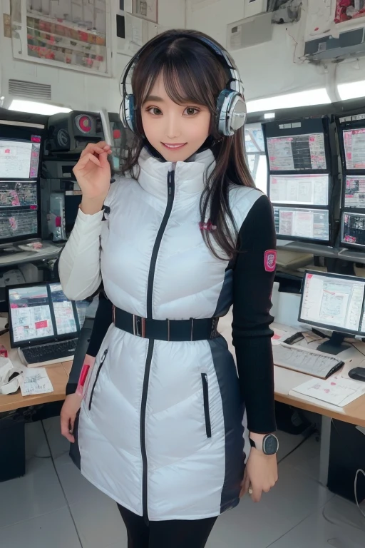 masterpiece, highest quality, Very detailed, 8K Portrait,Japanese Android Girl,plump , Control panel,Robotic arms and legs, Blunt bangs,,break (Metallic Gray, Metallic luster, Mirror finish, Astro Best):5,headphone:5,break (Black sleeves):100,Smart Watches,Futuristic space station,Control Room,break headphone,blue eyes,(Black Hair):2,(Long Hair):1.3,Displaying the viewer,(respirator),break blush:3,Hidden Hand,smile