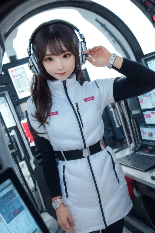 masterpiece, highest quality, Very detailed, 8K Portrait,Japanese Android Girl,plump , Control panel,Robotic arms and legs, Blunt bangs,,break (Metallic Gray, Metallic luster, Mirror finish, Astro Best):5,headphone:5,break (Black sleeves):100,Smart Watches,Futuristic space station,Control Room,break headphone,blue eyes,(Black Hair):2,(Long Hair):1.3,Displaying the viewer,(respirator),break blush:3,Hidden Hand,smile