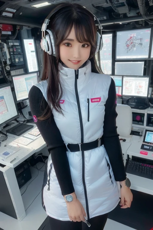 masterpiece, highest quality, Very detailed, 8K Portrait,Japanese Android Girl,plump , Control panel,Robotic arms and legs, Blunt bangs,,break (Metallic Gray, Metallic luster, Mirror finish, Astro Best):5,headphone:5,break (Black sleeves):100,Smart Watches,Futuristic space station,Control Room,break headphone,blue eyes,(Black Hair):2,(Long Hair):1.3,Displaying the viewer,(respirator),break blush:3,Hidden Hand,smile