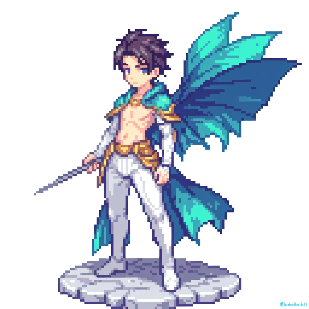 masterpiece , best quality , pixel art , 1 boy , fantasy clothes , full body , white background , hero , 