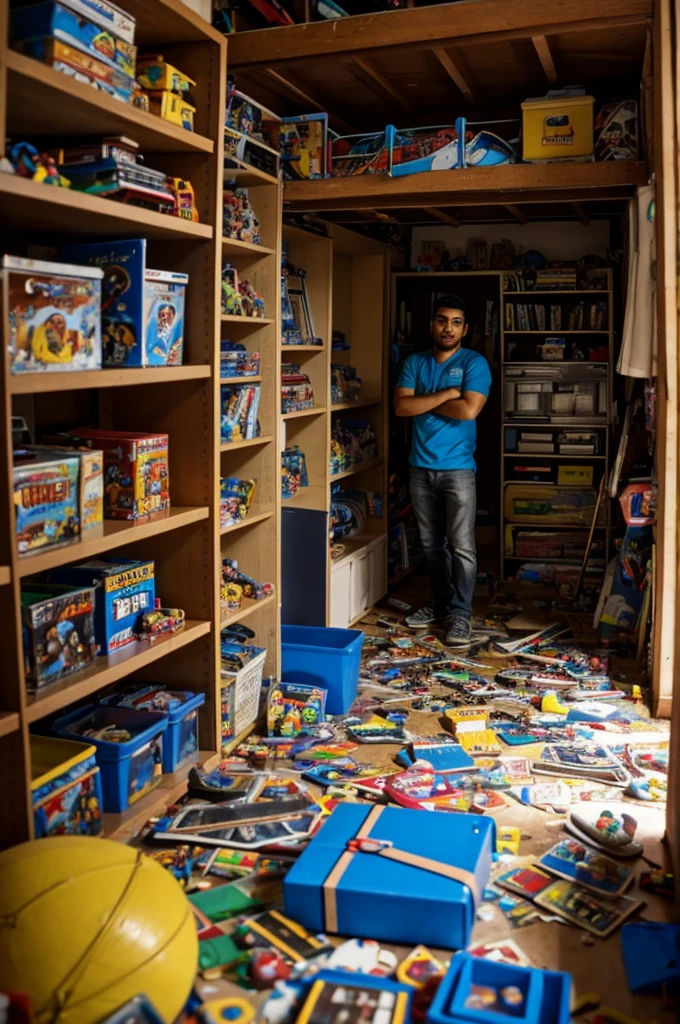 Juan in his messy room, rodeado de videojuegos y juguetes.