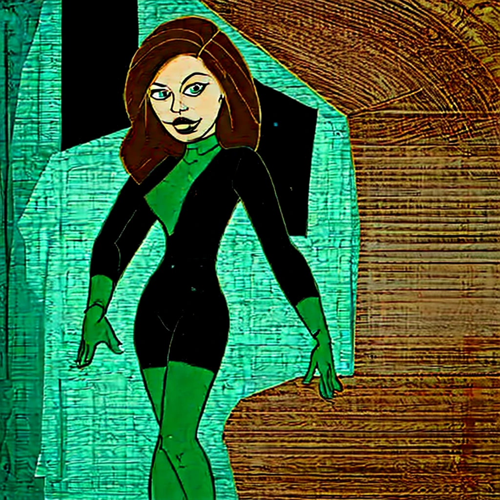 Kimberly Ann Possible 
, 1girl, black gloves, brown hair, black lips, bodysuit, gloves, green eyes, green gloves, lips, long hair, looking at viewer, makeup, mismatched gloves, multicolored bodysuit, multicolored clothes