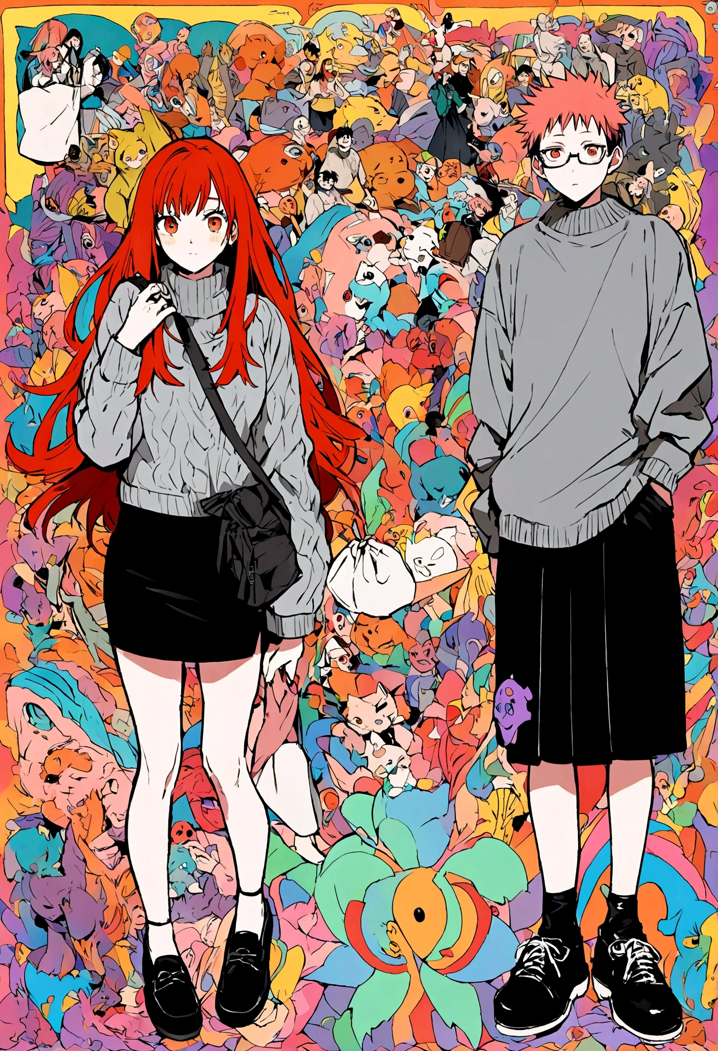 Jujutsu kaisen full body female anime character. She has _red____ hair. She was brown eyes. She is wearing a grey sweater ___ with black skirt and black moccasin_ shoes. She is holding _a white bag_____ on one hand while the other is in his pocket. She also has _glasses.