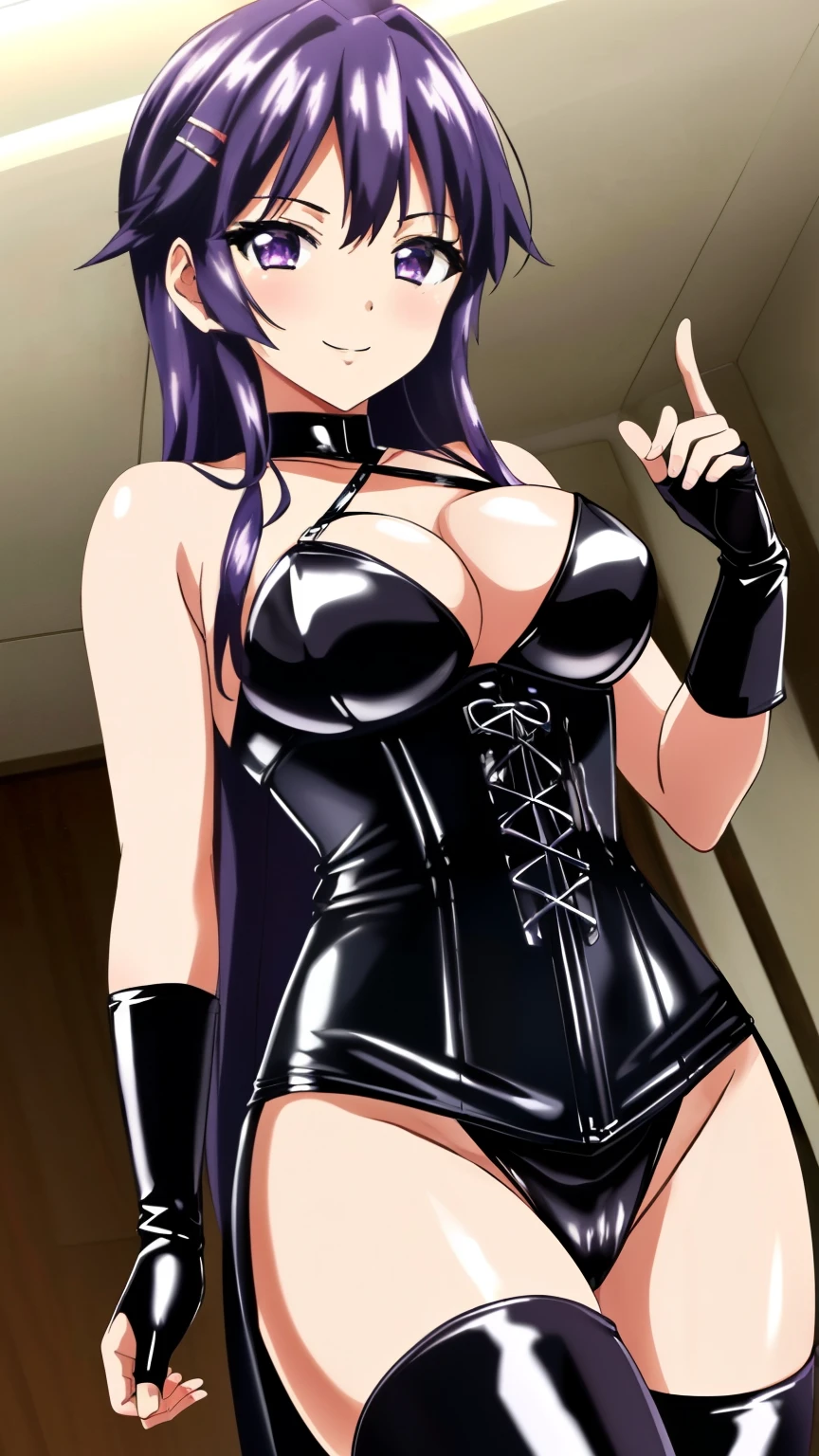 masterpiece,highest quality, High resolution,highly detailed face, Detailed CG,1 girl, chizuru-chan kaihatsunikki, mature, sexy, spread pussy, purple hair, long hair, hair clip, purple eyes, ((Long gloves covered in black latex all the way to the fingertips), (Black latex corset dress), (Halter neck corset dress), (Black latex tight mini skirt), (Black thigh-high boots)), large medium breasts,  open your mouth, smile, Fascinating expressionlessness, With confidence, enjoying,Dancing,alone,stylish pose, stylish angle,looking at the viewer, in the center of the image,cowboy shot,
