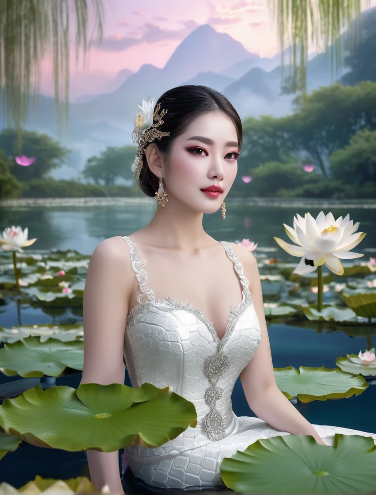 a beautiful woman with a white crocodile, sitting by a serene lake surrounded by lotus flowers, (best quality,4k,8k,highres,masterpiece:1.2),ultra-detailed,(realistic,photorealistic,photo-realistic:1.37),extremely detailed eyes and face,longeyelashes,ornate dress,elegant pose,dramatic lighting,vibrant colors,cinematic composition,breathtaking scenery,detailed water reflection,mystical atmosphere