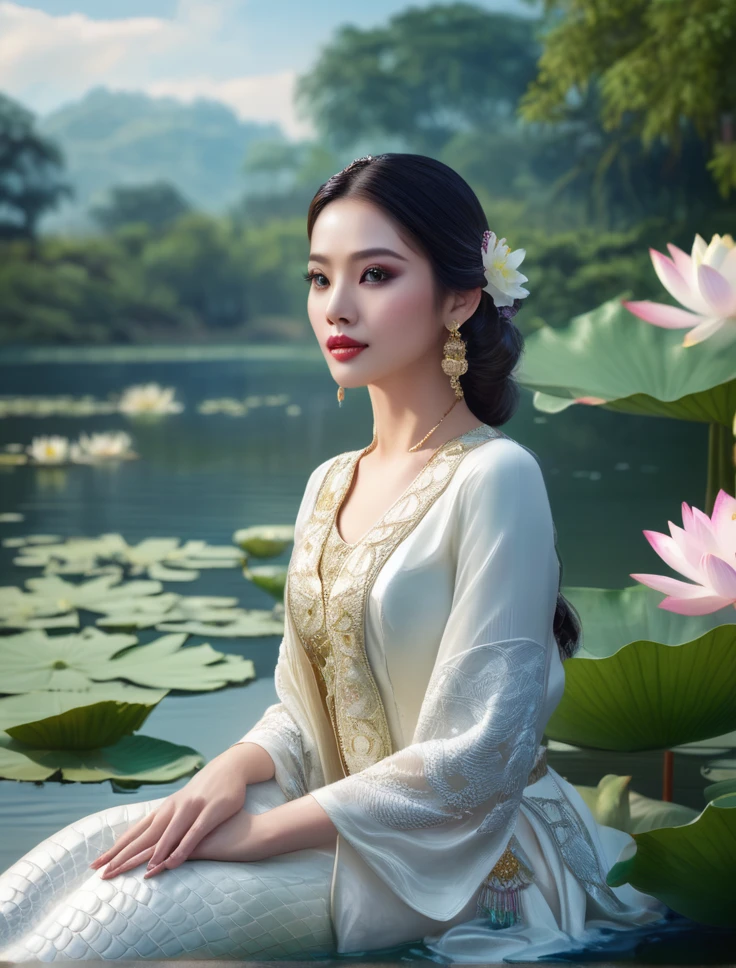 a beautiful woman with a white crocodile, sitting by a serene lake surrounded by lotus flowers, (best quality,4k,8k,highres,masterpiece:1.2),ultra-detailed,(realistic,photorealistic,photo-realistic:1.37),extremely detailed eyes and face,longeyelashes,ornate dress,elegant pose,dramatic lighting,vibrant colors,cinematic composition,breathtaking scenery,detailed water reflection,mystical atmosphere