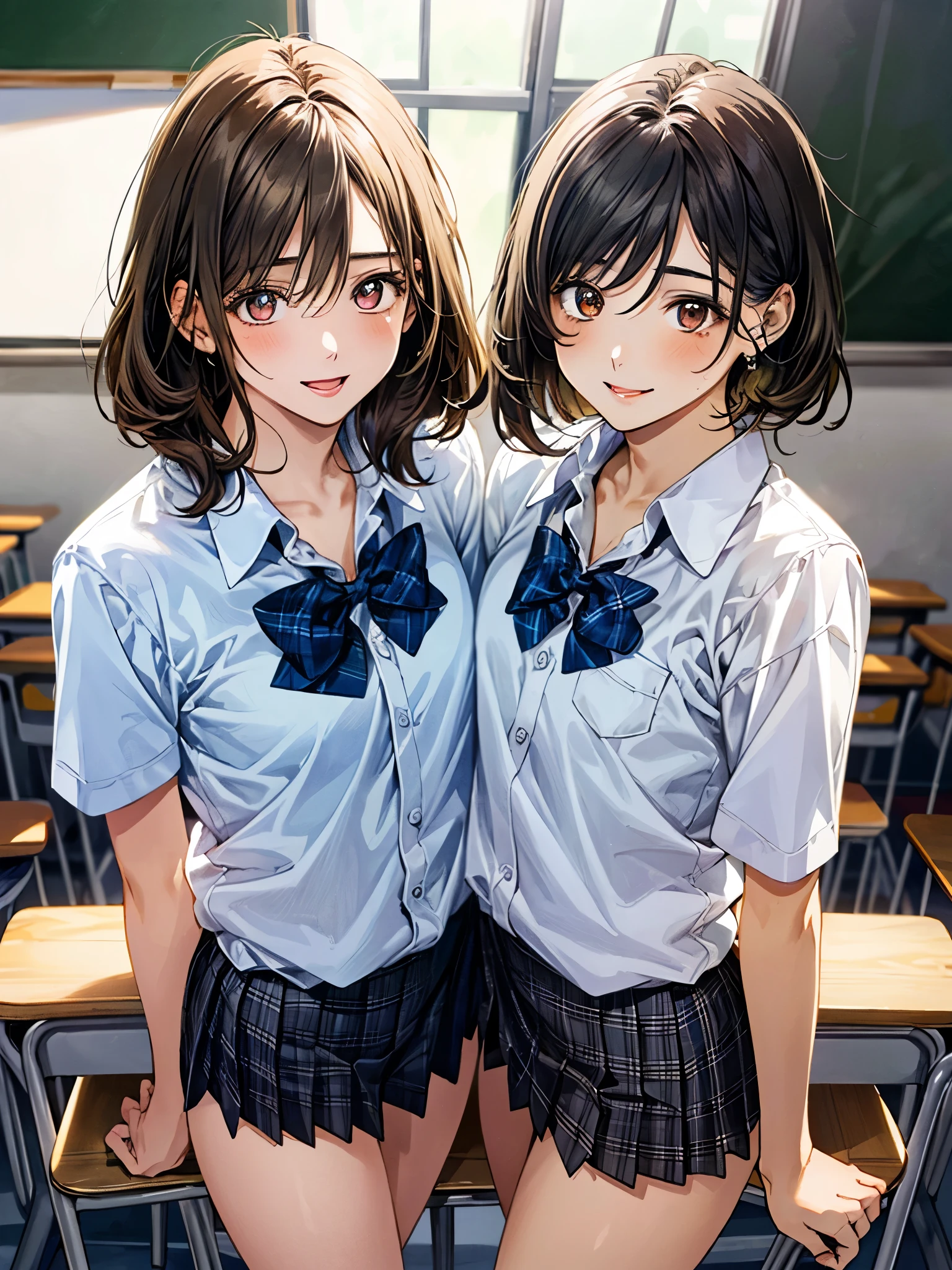 (masterpiece:1.3, top-quality, ultra high res, ultra detailed), (realistic, photorealistic:1.4), beautiful illustration, perfect lighting, natural lighting, colorful, depth of fields, ,
beautiful detailed hair, beautiful detailed face, beautiful detailed eyes, beautiful clavicle, beautiful body, beautiful chest, beautiful thigh, beautiful legs, beautiful fingers, shiny skin, 
looking at viewer, 2 girl, twin sisters, junior high school girl, 12 years old, (perfect anatomy, anatomically correct, super detailed skin), cute and symmetrical face, babyface, perfect face, perfect eyes, (tiny), 
(short hair, curvy hair, yellow ocher hair), swept bangs, hair between eyes, brown eyes, drooping eyes, big eyes, long eye lasher, (small breasts, thin thighs), skin dendation, 
detailed cloth texture, break, (light green collared shirt), break, (cobalt blue pleated skirt), break, ({pink heart |yrllow moon} hairpin), break, blue plaid bow tie, break, 
(beautiful scenery), day time, (classroom:1.1, blackboard, lecture desk), standing, (lovely smile, upper eyes, open mouth small), 