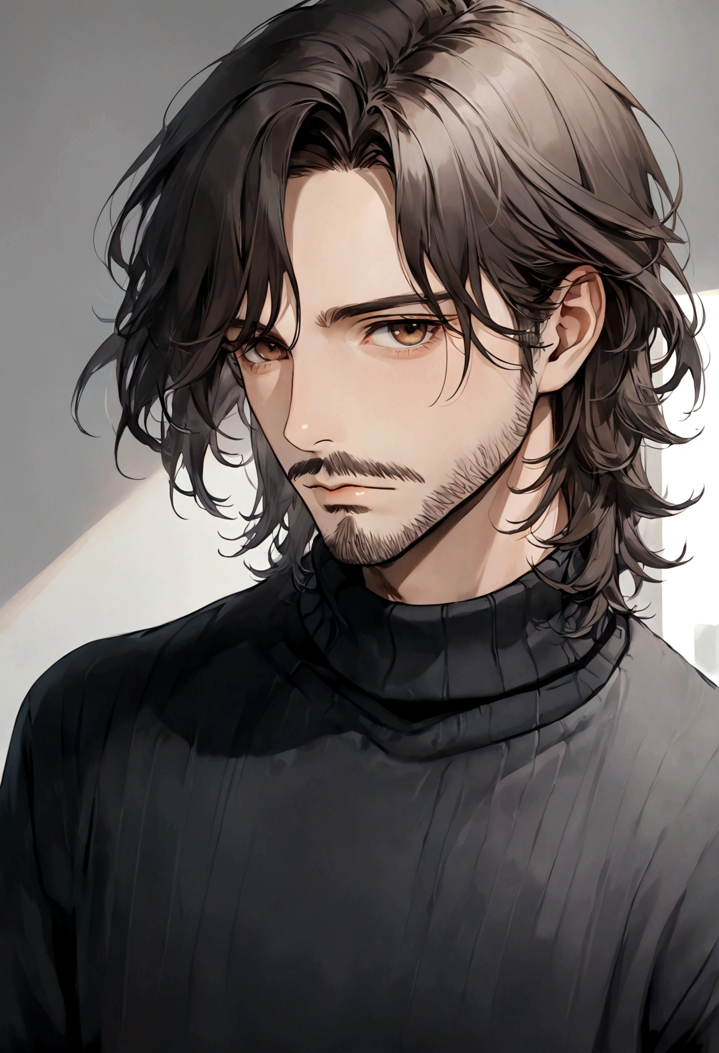 (black turtleneck sweater, A men&#39;s turtleneck sweater), ), ((bigote estilo Van Dyke y (barba de chivo) "Van Dyke", Van Dyke beard)), (light brown eyes), Aspecto atractivo y serio, ((cabello muy largo oscuro, messy hair)), Elegante y con estilo, abrigo elegante color gris largo, Un hombre similar al actor Jim Morrison con el cabello largo, ((cabello muy largo)), (Imagen realista y de alta calidad), Apartamento escandinavo en el fondo simple de un cuarto, ((La mejor calidad, 8K, obra maestra).((pose dinamica con mirada al frente, viendo al espectador)), (cabello largo pasando los hombros), (close op)