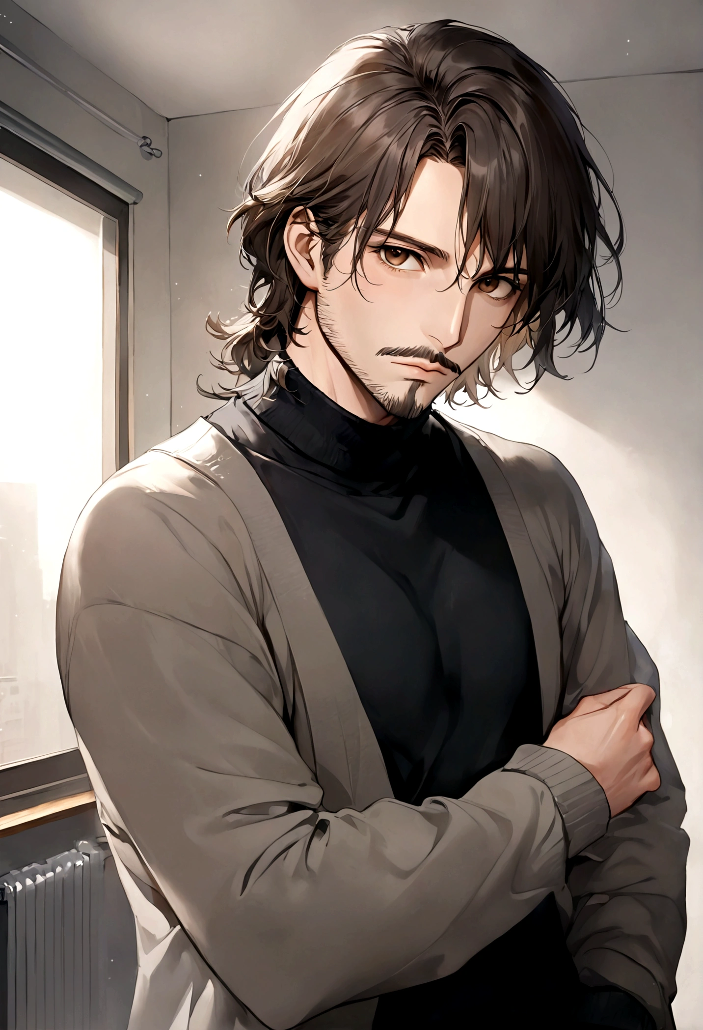 (black turtleneck sweater, A men's turtleneck sweater), ), ((bigote estilo Van Dyke y (barba de chivo) "Van Dyke", Van Dyke beard)), (light brown eyes), Aspecto atractivo y serio, ((cabello muy largo oscuro, messy hair)), Elegante y con estilo, abrigo elegante color gris largo, Un hombre similar al actor Jim Morrison con el cabello largo, ((cabello muy largo)), (Imagen realista y de alta calidad), Apartamento escandinavo en el fondo simple de un cuarto, ((La mejor calidad, 8K, obra maestra).((pose dinamica con mirada al frente, viendo al espectador)), (cabello largo pasando los hombros), (close op)