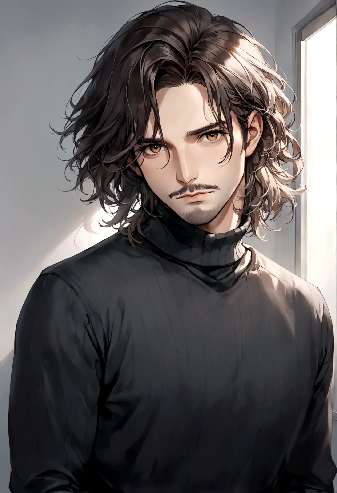 (black turtleneck sweater, A men's turtleneck sweater), ), ((bigote estilo Van Dyke y (barba de chivo) "Van Dyke", Van Dyke beard)), (light brown eyes), Aspecto atractivo y serio, ((cabello muy largo oscuro, messy hair)), Elegante y con estilo, abrigo elegante color gris largo, Un hombre similar al actor Jim Morrison con el cabello largo, ((cabello muy largo)), (Imagen realista y de alta calidad), Apartamento escandinavo en el fondo simple de un cuarto, ((La mejor calidad, 8K, obra maestra).((pose dinamica con mirada al frente, viendo al espectador)), (cabello largo pasando los hombros), (close op)