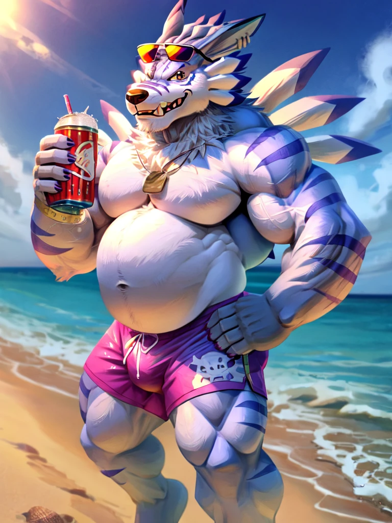 solo, weregarurumon, muscular, muscle gut, round belly, sunglasses on head, shirtless, swim shorts, holding soda, beach