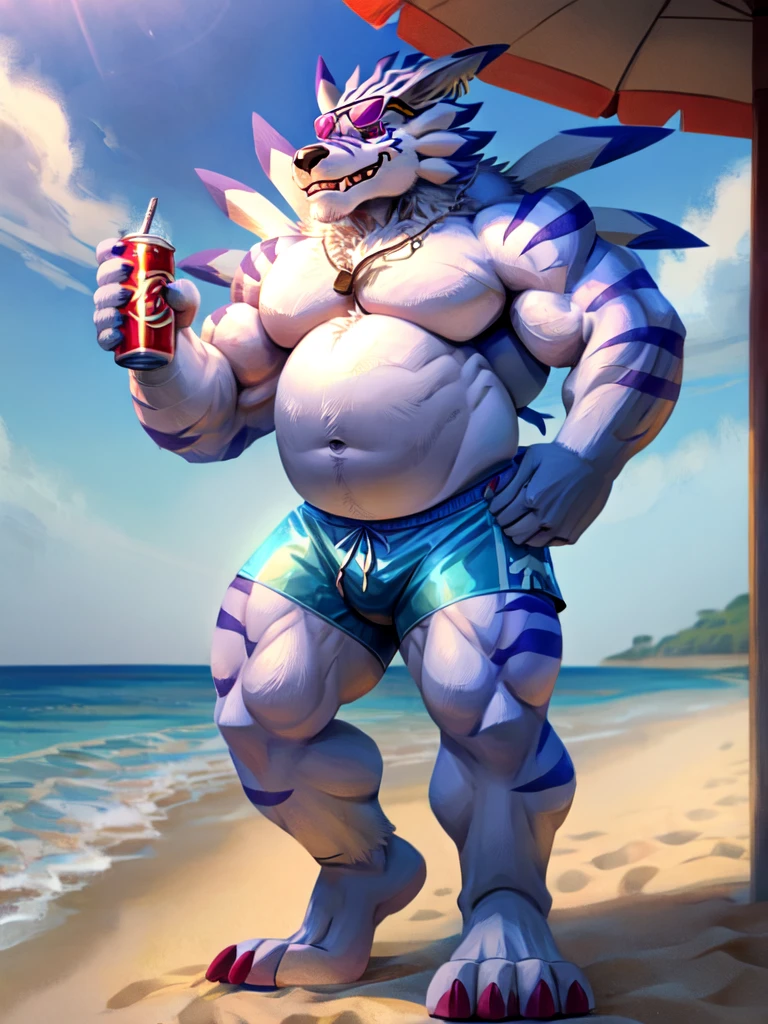 solo, weregarurumon, muscular, muscle gut, round belly, sunglasses on head, shirtless, swim shorts, holding soda, beach