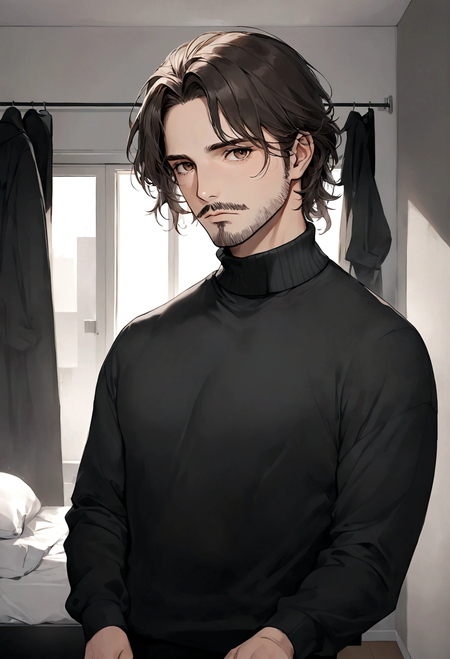 (black turtleneck sweater, A men's turtleneck sweater), ), ((bigote estilo Van Dyke y (barba de chivo) "Van Dyke", Van Dyke beard)), (light brown eyes), Aspecto atractivo y serio, ((cabello muy largo oscuro, messy hair)), Elegante y con estilo, abrigo elegante color gris largo, Un hombre similar al actor Jim Morrison con el cabello largo, ((cabello muy largo)), (Imagen realista y de alta calidad), Apartamento escandinavo en el fondo simple de un cuarto, ((La mejor calidad, 8K, obra maestra).((pose dinamica con mirada al frente, viendo al espectador)), (cabello largo pasando los hombros)