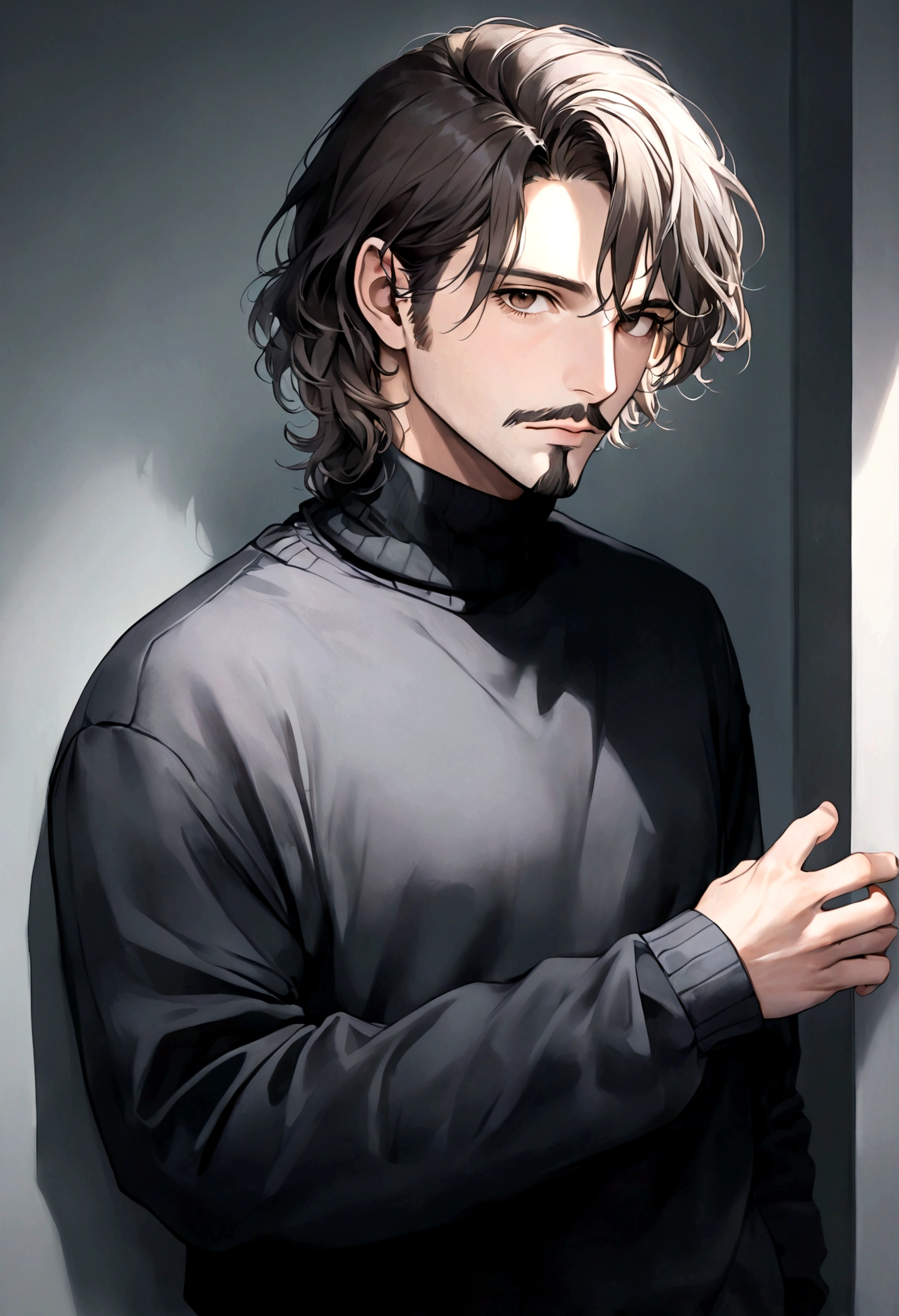 (black turtleneck sweater, A men's turtleneck sweater), ), ((bigote estilo Van Dyke y (barba de chivo) "Van Dyke", Van Dyke beard)), (light brown eyes), Aspecto atractivo y serio, ((cabello muy largo oscuro, messy hair)), Elegante y con estilo, abrigo elegante color gris largo, Un hombre similar al actor Jim Morrison con el cabello largo, ((cabello muy largo)), (Imagen realista y de alta calidad), Apartamento escandinavo en el fondo simple de un cuarto, ((La mejor calidad, 8K, obra maestra).((pose dinamica con mirada al frente, viendo al espectador)), (cabello largo pasando los hombros)