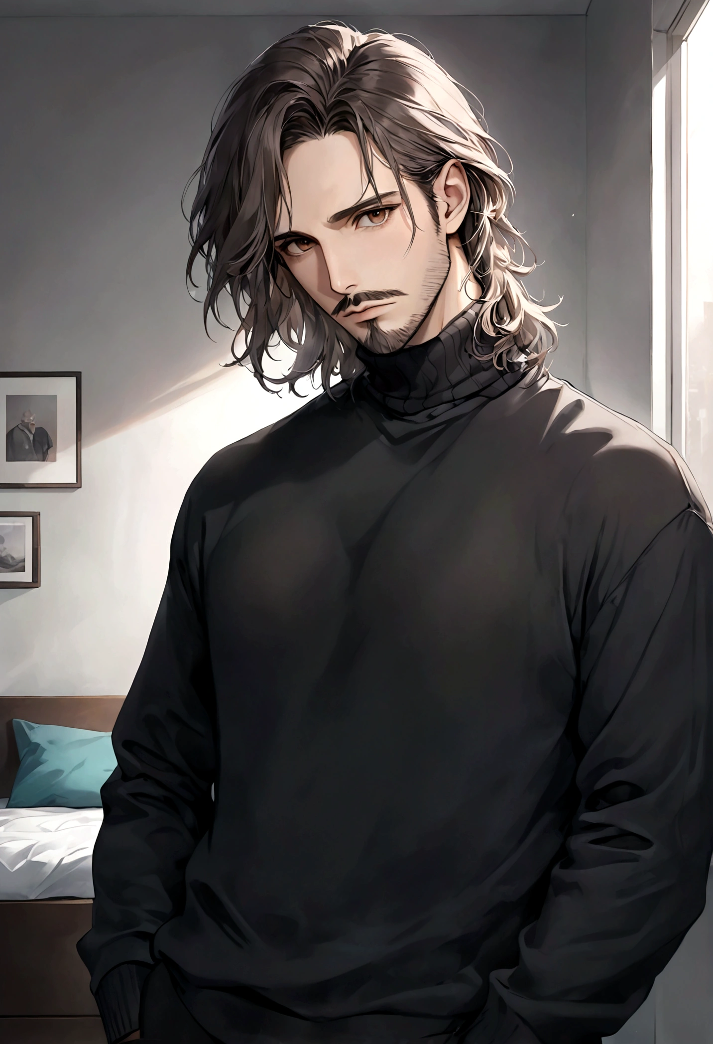 (black turtleneck sweater, A men&#39;s turtleneck sweater), ), ((bigote estilo Van Dyke y (barba de chivo) "Van Dyke", Van Dyke beard)), (light brown eyes), Aspecto atractivo y serio, ((cabello muy largo oscuro, messy hair)), Elegante y con estilo, abrigo elegante color gris largo, Un hombre similar al actor Jim Morrison con el cabello largo, ((cabello muy largo)), (Imagen realista y de alta calidad), Apartamento escandinavo en el fondo simple de un cuarto, ((La mejor calidad, 8K, obra maestra).((pose dinamica con mirada al frente, viendo al espectador)), (cabello largo pasando los hombros)