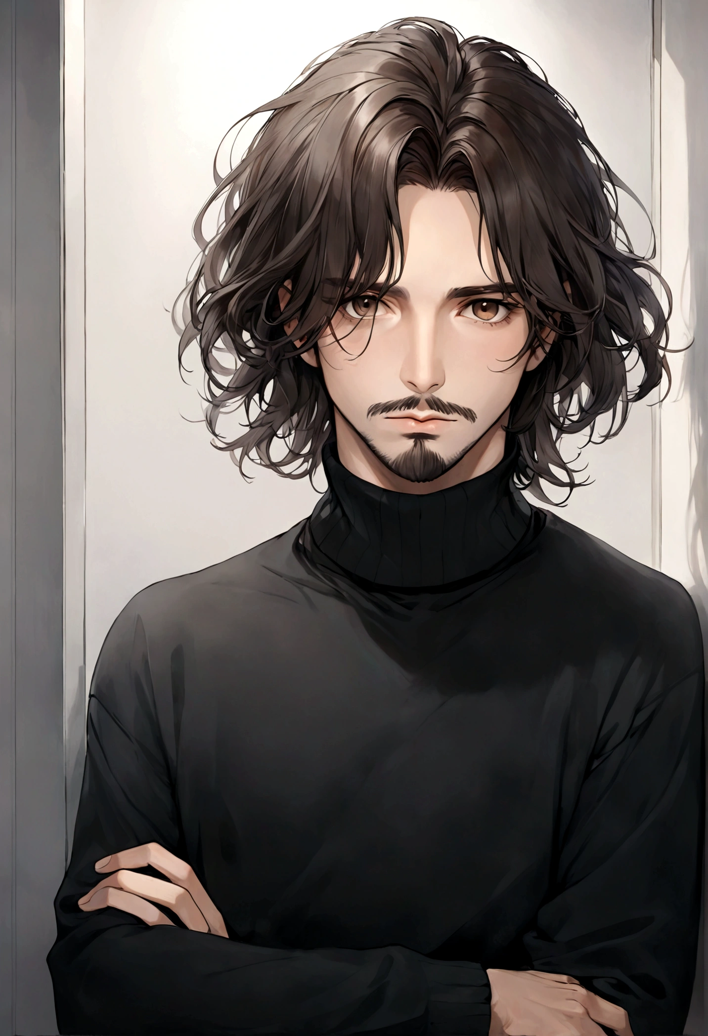(black turtleneck sweater, A men's turtleneck sweater), ), ((bigote estilo Van Dyke y (barba de chivo) "Van Dyke", Van Dyke beard)), (light brown eyes), Aspecto atractivo y serio, ((cabello muy largo oscuro, messy hair)), Elegante y con estilo, abrigo elegante color gris largo, Un hombre similar al actor Jim Morrison con el cabello largo, ((cabello muy largo)), (Imagen realista y de alta calidad), Apartamento escandinavo en el fondo simple de un cuarto, ((La mejor calidad, 8K, obra maestra).((pose dinamica con mirada al frente, viendo al espectador)), (cabello largo pasando los hombros)