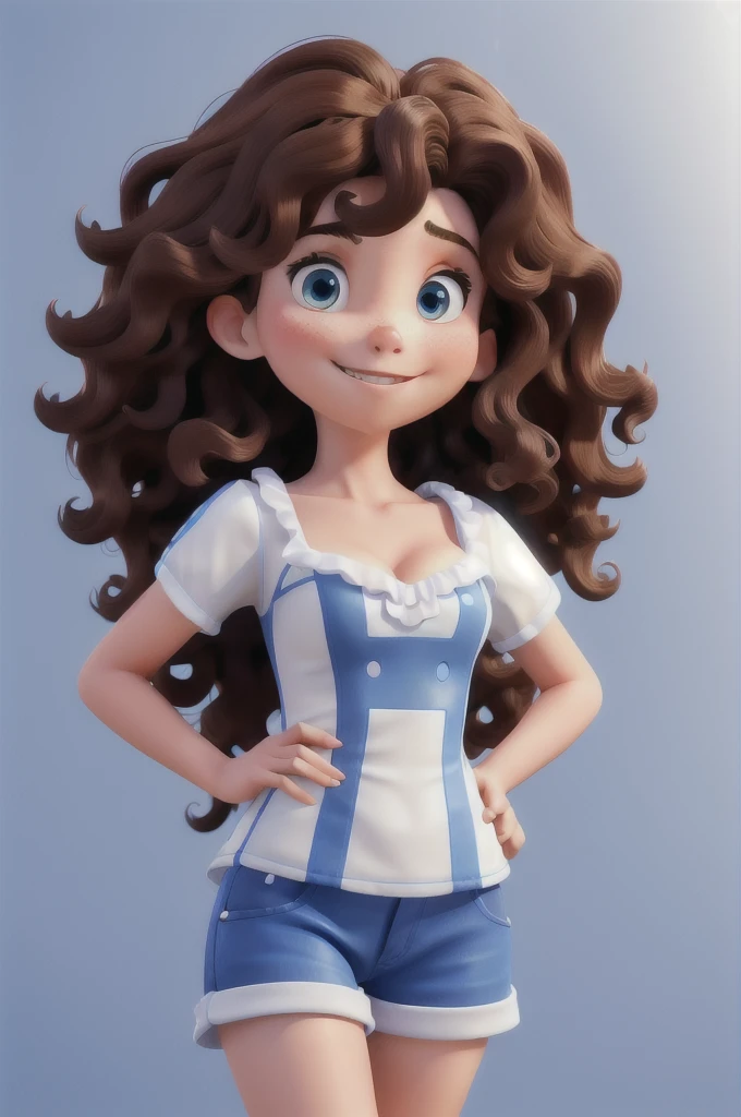 create a brunette girl with curly hair waving, pixel style, blue and white colors, very detailed