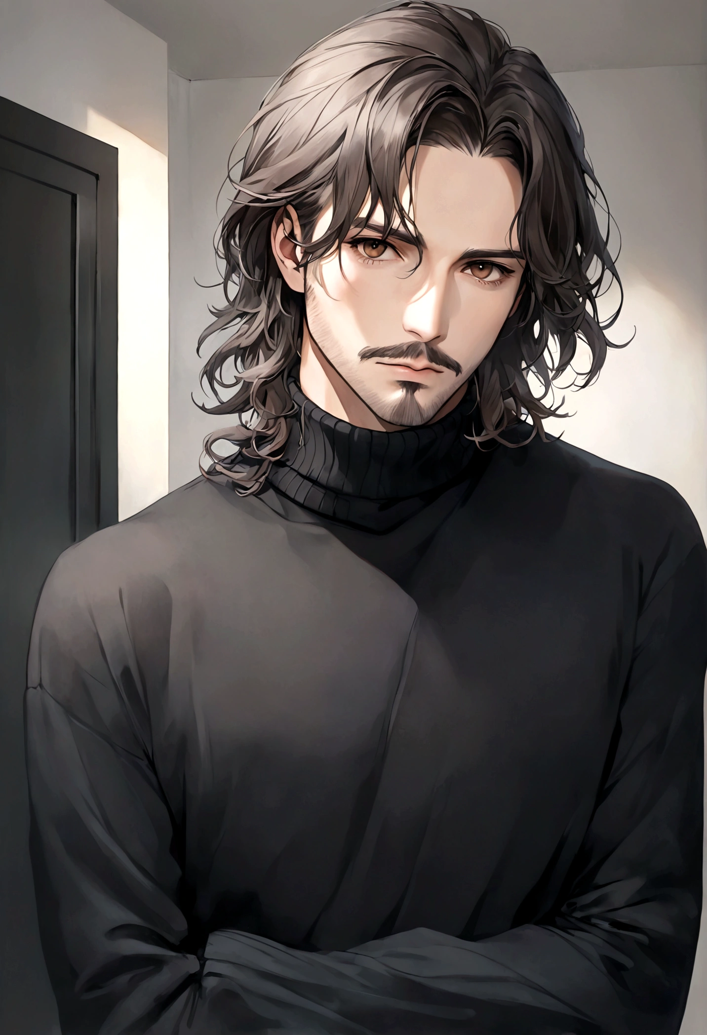 (black turtleneck sweater, A men's turtleneck sweater), ), ((bigote estilo Van Dyke y (barba de chivo) "Van Dyke", Van Dyke beard)), (light brown eyes), Aspecto atractivo y serio, ((cabello muy largo oscuro, messy hair)), Elegante y con estilo, abrigo elegante color gris largo, Un hombre similar al actor Jim Morrison con el cabello largo, ((cabello muy largo)), (Imagen realista y de alta calidad), Apartamento escandinavo en el fondo simple de un cuarto, ((La mejor calidad, 8K, obra maestra).((pose dinamica con mirada al frente, viendo al espectador)), (cabello largo pasando los hombros)