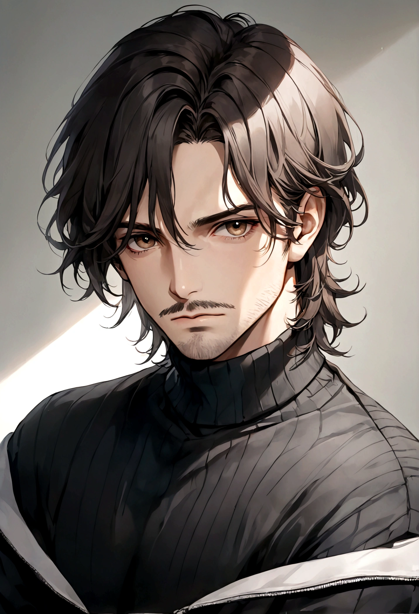 (black turtleneck sweater, A men's turtleneck sweater), ), ((bigote estilo Van Dyke y (barba de chivo) "Van Dyke", Van Dyke beard)), (light brown eyes), Aspecto atractivo y serio, ((cabello muy largo oscuro, messy hair)), Elegante y con estilo, abrigo elegante color gris largo, Un hombre similar al actor Jim Morrison con el cabello largo, ((cabello muy largo)), (Imagen realista y de alta calidad), Apartamento escandinavo en el fondo simple de un cuarto, ((La mejor calidad, 8K, obra maestra).((pose dinamica con mirada al frente, viendo al espectador)), (cabello largo pasando los hombros)