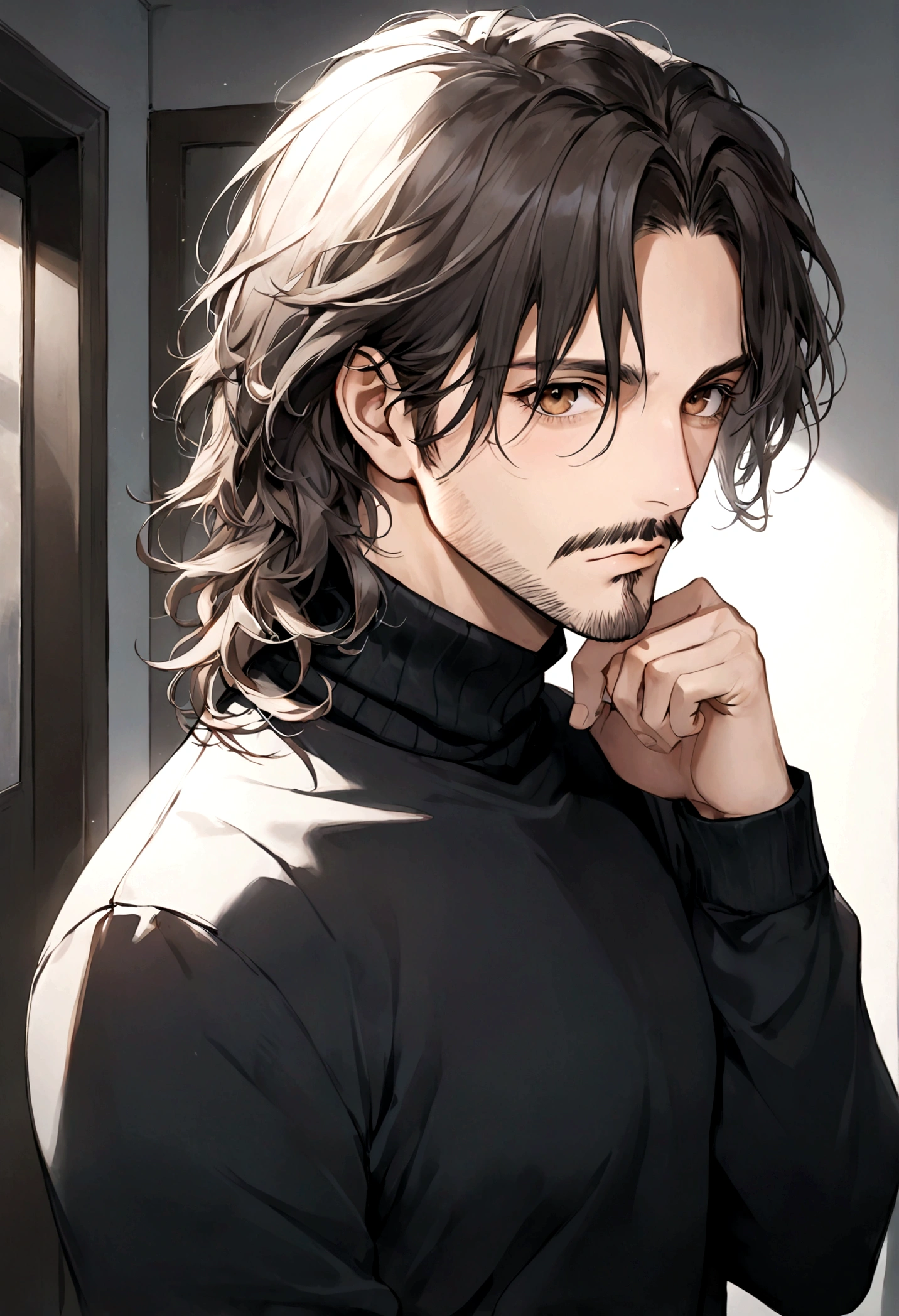 (black turtleneck sweater, A men&#39;s turtleneck sweater), ), ((bigote estilo Van Dyke y (barba de chivo) "Van Dyke", Van Dyke beard)), (light brown eyes), Aspecto atractivo y serio, ((cabello muy largo oscuro, messy hair)), Elegante y con estilo, abrigo elegante color gris largo, Un hombre similar al actor Jim Morrison con el cabello largo, ((cabello muy largo)), (Imagen realista y de alta calidad), Apartamento escandinavo en el fondo simple de un cuarto, ((La mejor calidad, 8K, obra maestra).((pose dinamica con mirada al frente, viendo al espectador)), (cabello largo pasando los hombros)