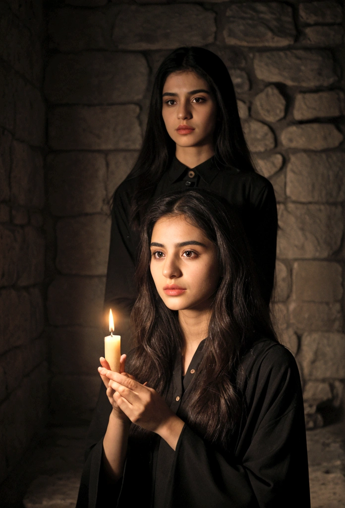 A young Iranian girl with striking features, standing confidently. She has long, flowing black hair and deep, dark eyes. Her expression is determined and intelligent. She's wearing a practical yet stylish outfit suitable for a magic school, including a dark robe with subtle, intricate patterns and a hint of mystical aura. Her posture exudes strength and leadership, and she's surrounded by an aura of magic, with faint, glowing symbols in the air around her. Background hints at a mystical, ancient school with stone walls and arcane symbols.
