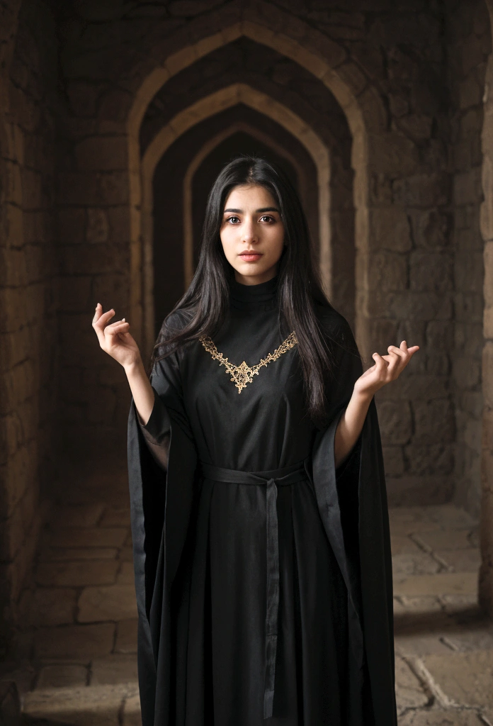 A young Iranian girl with striking features, standing confidently. She has long, flowing black hair and deep, dark eyes. Her expression is determined and intelligent. She's wearing a practical yet stylish outfit suitable for a magic school, including a dark robe with subtle, intricate patterns and a hint of mystical aura. Her posture exudes strength and leadership, and she's surrounded by an aura of magic, with faint, glowing symbols in the air around her. Background hints at a mystical, ancient school with stone walls and arcane symbols.