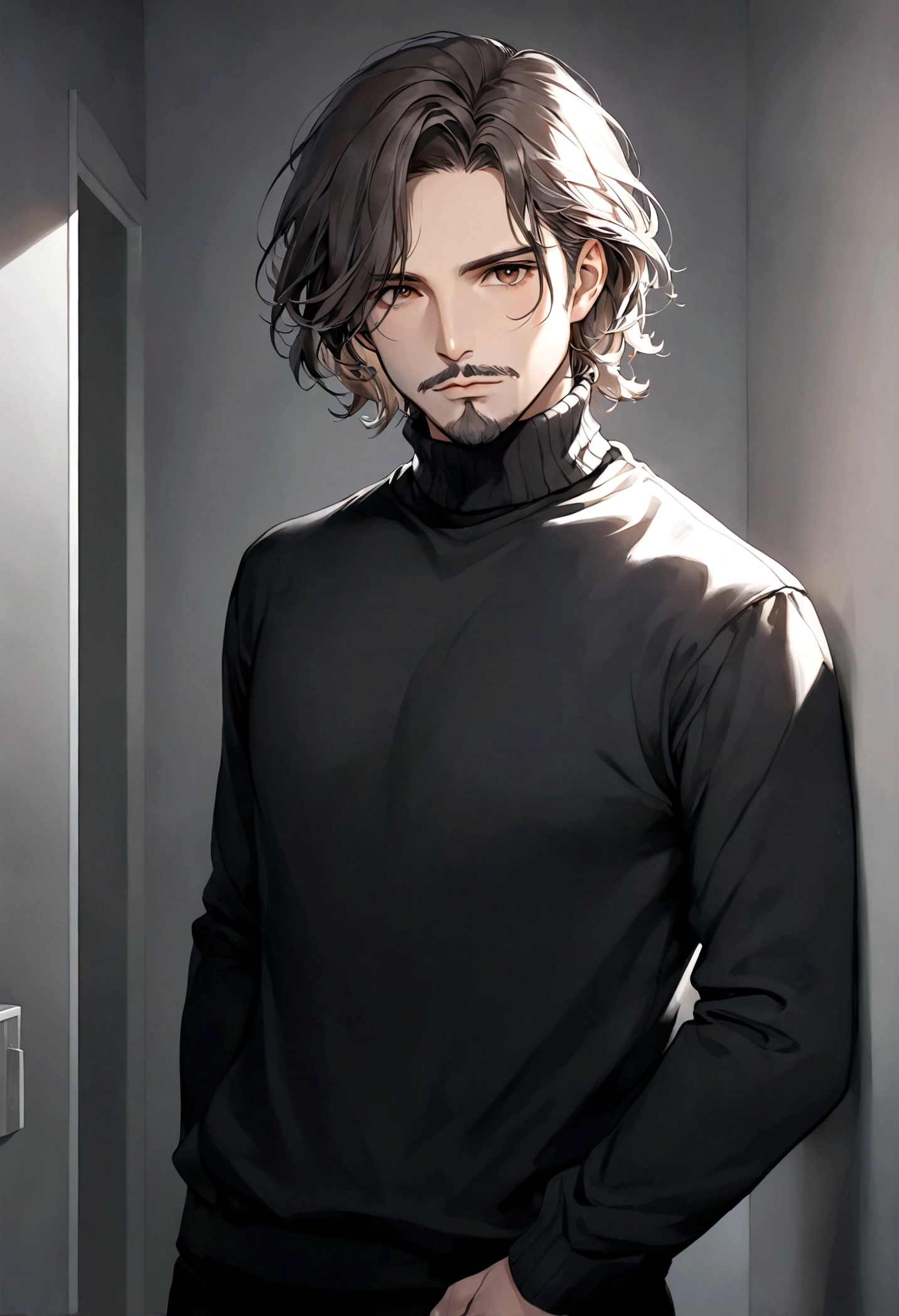 (black turtleneck sweater, A men's turtleneck sweater), ), ((bigote estilo Van Dyke y (barba de chivo) "Van Dyke", Van Dyke beard)), (light brown eyes), Aspecto atractivo y serio, ((cabello muy largo oscuro, messy hair)), Elegante y con estilo, abrigo elegante color gris largo, Un hombre similar al actor Jim Morrison con el cabello largo, ((cabello muy largo)), (Imagen realista y de alta calidad), Apartamento escandinavo en el fondo simple de un cuarto, ((La mejor calidad, 8K, obra maestra).((pose dinamica con mirada al frente, viendo al espectador)), (cabello largo pasando los hombros)