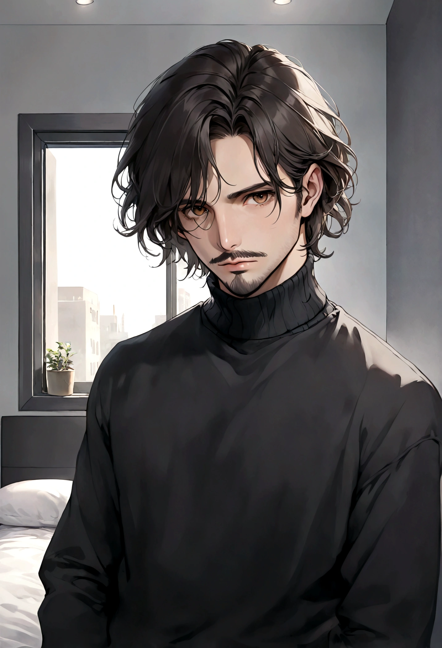 (black turtleneck sweater, A men&#39;s turtleneck sweater), ), ((bigote estilo Van Dyke y (barba de chivo) "Van Dyke", Van Dyke beard)), (light brown eyes), Aspecto atractivo y serio, ((cabello muy largo oscuro, messy hair)), Elegante y con estilo, abrigo elegante color gris largo, Un hombre similar al actor Jim Morrison con el cabello largo, ((cabello muy largo)), (Imagen realista y de alta calidad), Apartamento escandinavo en el fondo simple de un cuarto, ((La mejor calidad, 8K, obra maestra).((pose dinamica con mirada al frente, viendo al espectador)), (cabello largo pasando los hombros)