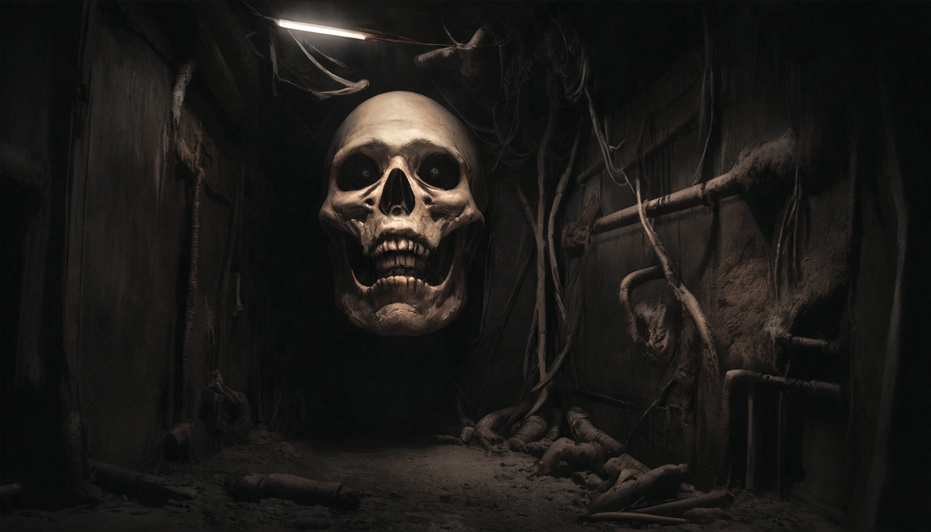 horror creepy boiler room, no lights, hyper realistic, horror, dark background, dark atmosphere, horror lighting, detailed, cinematic lighting