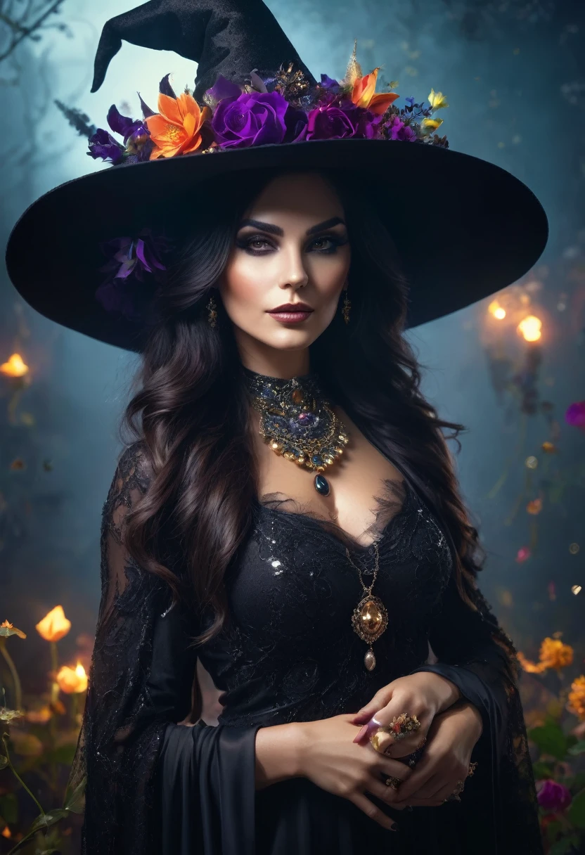 a beautiful woman , LONG HAIR queen WITCH WITH A hat TAROT CARDS and crystals ,THUNDERS.the Style-RustMagic, Aum, (atmosfera escura:1.2), (Mist & smoke), (noite escura:1.3), Cicatrizes, (shaggy medium length dark hair:1.1), (sombra:1.1), (brilho lindamente detalhado:1.2), (cinematic lighting), detalhe intrincado, high resolution,