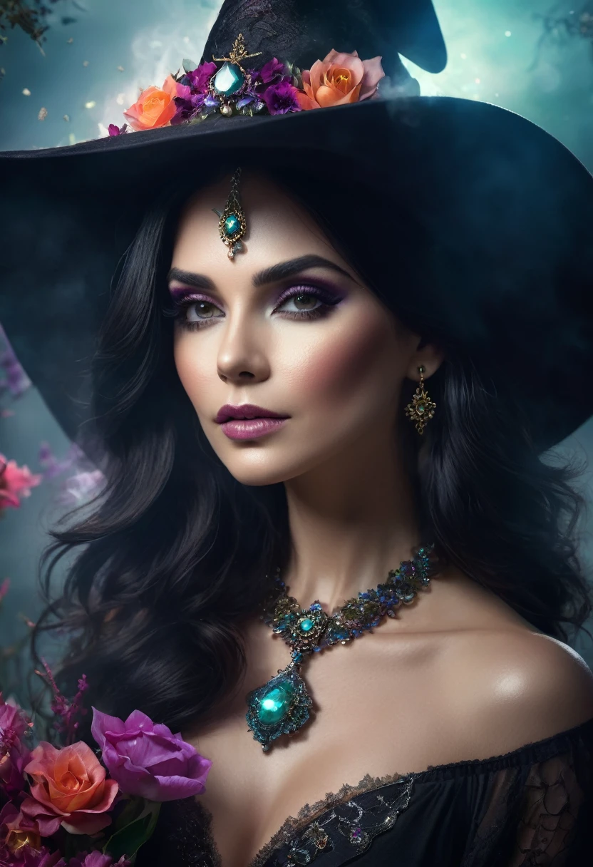 a beautiful woman WITCH WITH A hat and flowers and jewels the Style-RustMagic, Aum, (atmosfera escura:1.2), (Mist & smoke), (noite escura:1.3), Cicatrizes, (shaggy medium length dark hair:1.1), (sombra:1.1), (brilho lindamente detalhado:1.2), (cinematic lighting), detalhe intrincado, high resolution,