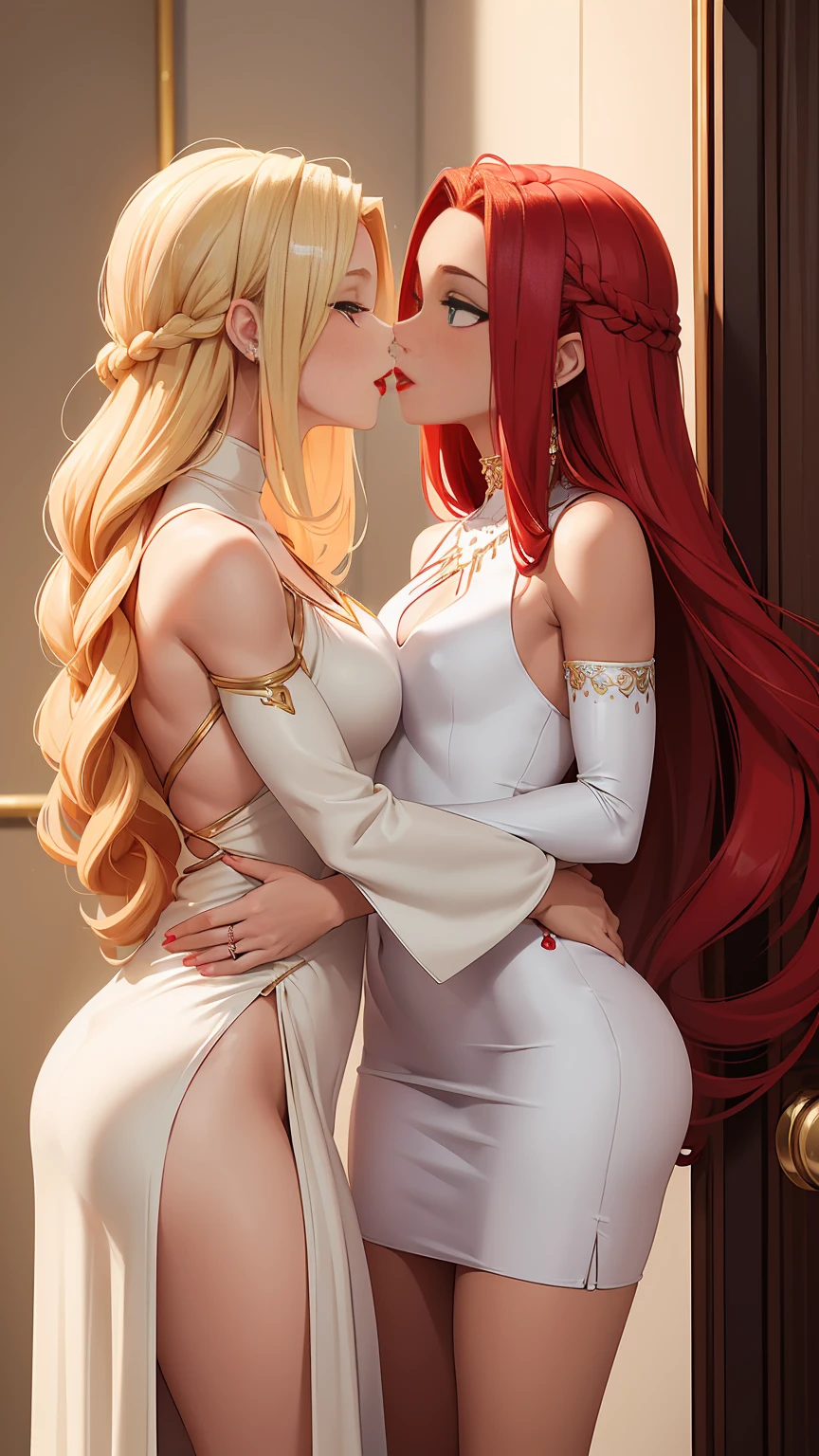 Two beautiful women with long braided red hair and mid wavy blond hair, respectivetly, with green eyes wearing a Short Mock Neck Cut Out Dress, Sexy Criss Cross Mock Neck ((Mid Sleeves)) Dress, ((luxurious jewelry)), standing in a fitting room, hugging closely and kissing each other (white skin), (red lipstick), (elegant mascara), (muscular body with abs), (small breasts) midjourney, <lora:GoodHands-, <lora:GoodLegs-, UHD, high resolution, (masterpiece:1.1, best quality), (expressive eyes, perfect face, full body, expressive face, perfect body, athletic, fit, slim body, blushing, Perfect makeup, eyeliner, beautiful eyelashes, smiling, horny face), ((Beige dress)), ((Grey dress)), ((Tight dress)), ((best illumination, best shadows)), ((lesbian kiss))
