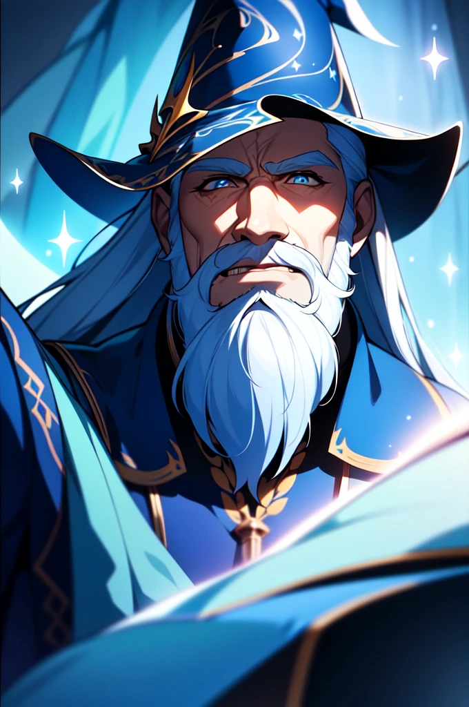 a wizard with a long white beard, wearing a blue robe, looking surprised, detailed facial features, intricate patterns on the robe, glowing magical aura, dramatic lighting, fantasy landscape background, (best quality,4k,8k,highres,masterpiece:1.2),ultra-detailed,(realistic,photorealistic,photo-realistic:1.37),dramatic lighting,fantasy,highly detailed,digital painting,concept art,vibrant colors