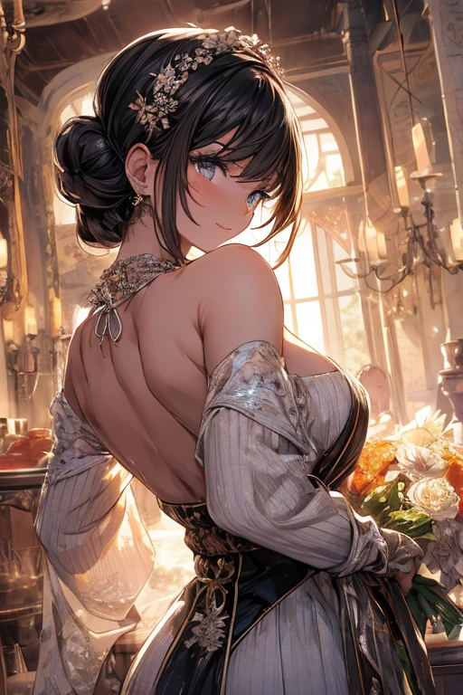(((Masterpiece))),(((Super Detail))),(((in 8K))),(((best composition))),(((Rim lighting,Fireglow effect,deep shadow))),solo),Beautiful fingers,Detailed finger features,(Detailed hair features:1.7),(Dynamic and sexy bending pose:1.3),detailed facial features,detailed clothes features, (perky chest:1.1), (pointed chest:1.3), delicate beautiful face, Bright blue eyes, cute eyes, sparkling eyes, Big eyes, beautiful detailed eyes,double bun with glittering hair ornament:0.6,(super detailed glossy skin:1.3),slender body,goddess smile,((with sparkling eyes and a contagious smile)),beautiful posture,have a cup of coffee,black hair, red eyes, dress, bare shoulders, jewelry, collarbone, sidelocks, hairband, earrings, indoors, off shoulder, sweater, arms behind back, plant, short hair with long locks, white hairband, off-shoulder dress, sweater dress, off-shoulder sweater, red sweater, big side hair, very long side hair,(super delicate floral pattern:1.2),seductive cleavage:1.3,beautiful glossy legs,shiny red high heels,lifting dishes with cakesd,french restaurant,hustle and bustle,rising steam,(((depth of fields)))