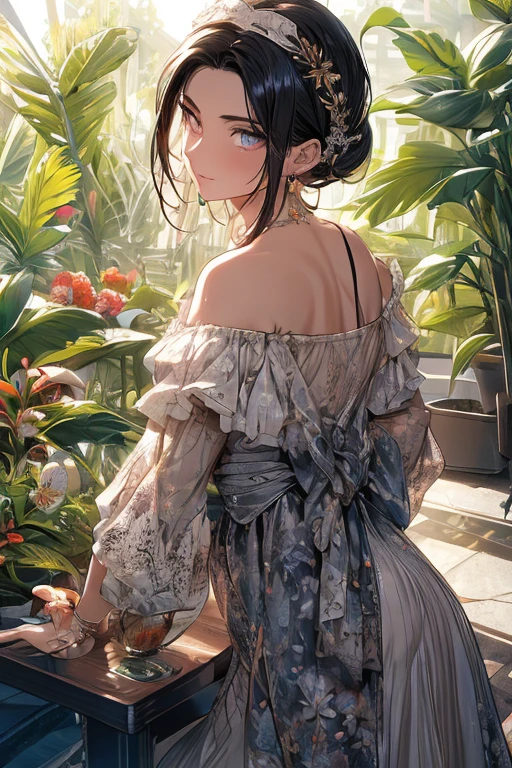 (((Masterpiece))),(((Super Detail))),(((in 8K))),(((best composition))),(((Rim lighting,Fireglow effect,deep shadow))),solo),Beautiful fingers,Detailed finger features,(Detailed hair features:1.7),(Dynamic and sexy bending pose:1.3),detailed facial features,detailed clothes features, (perky chest:1.1), (pointed chest:1.3), delicate beautiful face, Bright blue eyes, cute eyes, sparkling eyes, Big eyes, beautiful detailed eyes,double bun with glittering hair ornament:0.6,(super detailed glossy skin:1.3),slender body,goddess smile,((with sparkling eyes and a contagious smile)),beautiful posture,have a cup of coffee,black hair, red eyes, dress, bare shoulders, jewelry, collarbone, sidelocks, hairband, earrings, indoors, off shoulder, sweater, arms behind back, plant, short hair with long locks, white hairband, off-shoulder dress, sweater dress, off-shoulder sweater, red sweater, big side hair, very long side hair,(super delicate floral pattern:1.2),seductive cleavage:1.3,beautiful glossy legs,shiny red high heels,lifting dishes with cakesd,french restaurant,hustle and bustle,rising steam,(((depth of fields)))