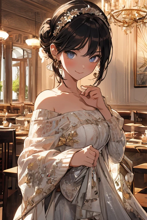 (((Masterpiece))),(((Super Detail))),(((in 8K))),(((best composition))),(((Rim lighting,Fireglow effect,deep shadow))),solo),Beautiful fingers,Detailed finger features,(Detailed hair features:1.7),(Dynamic and sexy bending pose:1.3),detailed facial features,detailed clothes features, (perky chest:1.1), (pointed chest:1.3), delicate beautiful face, Bright blue eyes, cute eyes, sparkling eyes, Big eyes, beautiful detailed eyes,double bun with glittering hair ornament:0.6,(super detailed glossy skin:1.3),slender body,goddess smile,((with sparkling eyes and a contagious smile)),beautiful posture,have a cup of coffee,black hair, red eyes, dress, bare shoulders, jewelry, collarbone, sidelocks, hairband, earrings, indoors, off shoulder, sweater, arms behind back, plant, short hair with long locks, white hairband, off-shoulder dress, sweater dress, off-shoulder sweater, red sweater, big side hair, very long side hair,(super delicate floral pattern:1.2),seductive cleavage:1.3,beautiful glossy legs,shiny red high heels,lifting dishes with cakesd,french restaurant,hustle and bustle,rising steam,(((depth of fields)))