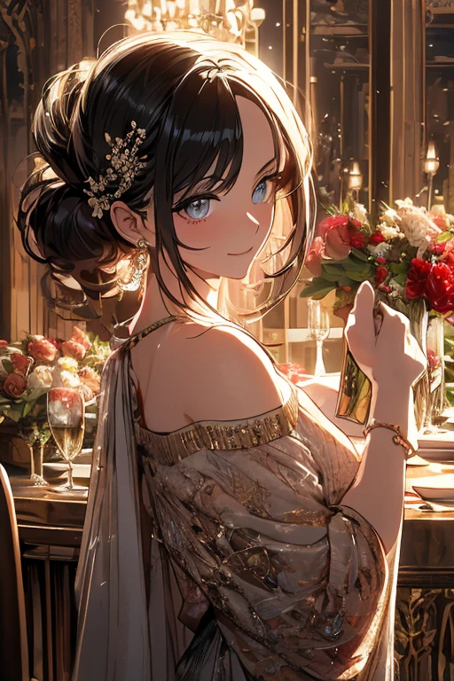 (((Masterpiece))),(((Super Detail))),(((in 8K))),(((best composition))),(((Rim lighting,Fireglow effect,deep shadow))),solo),Beautiful fingers,Detailed finger features,(Detailed hair features:1.7),(Dynamic and sexy bending pose:1.3),detailed facial features,detailed clothes features, (perky chest:1.1), (pointed chest:1.3), delicate beautiful face, Bright blue eyes, cute eyes, sparkling eyes, Big eyes, beautiful detailed eyes,double bun with glittering hair ornament:0.6,(super detailed glossy skin:1.3),slender body,goddess smile,((with sparkling eyes and a contagious smile)),beautiful posture,have a cup of coffee,black hair, red eyes, dress, bare shoulders, jewelry, collarbone, sidelocks, hairband, earrings, indoors, off shoulder, sweater, arms behind back, plant, short hair with long locks, white hairband, off-shoulder dress, sweater dress, off-shoulder sweater, red sweater, big side hair, very long side hair,(super delicate floral pattern:1.2),seductive cleavage:1.3,beautiful glossy legs,shiny red high heels,lifting dishes with cakesd,french restaurant,hustle and bustle,rising steam,(((depth of fields)))
