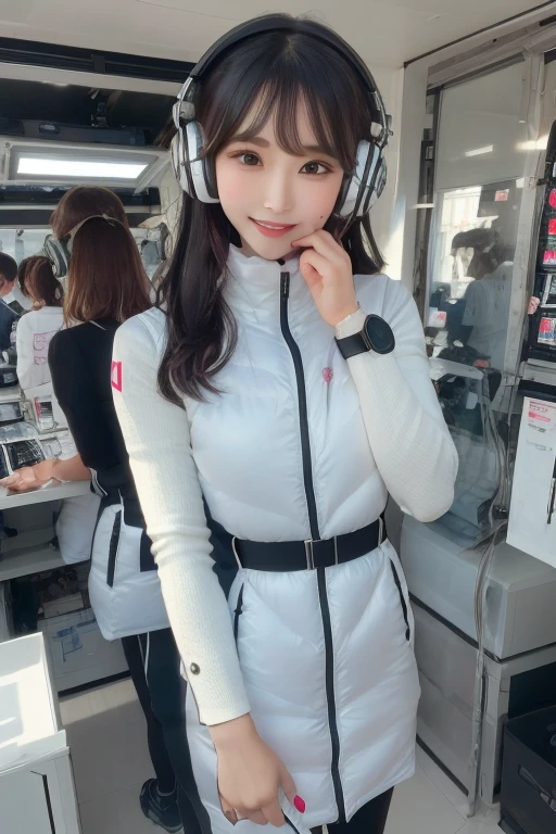 masterpiece, highest quality, Very detailed, 8K Portrait,Japanese Android Girl,plump , Control panel,Robotic arms and legs, Blunt bangs,,break (Metallic Gray, Metallic luster, Mirror finish, Astro Best):5,headphone:5,break (Black sleeves):100,Smart Watches,Futuristic space station,Control Room,break headphone,blue eyes,(Black Hair):2,(Long Hair):1.3,Displaying the viewer,(respirator),break blush:3,Hidden Hand,smile