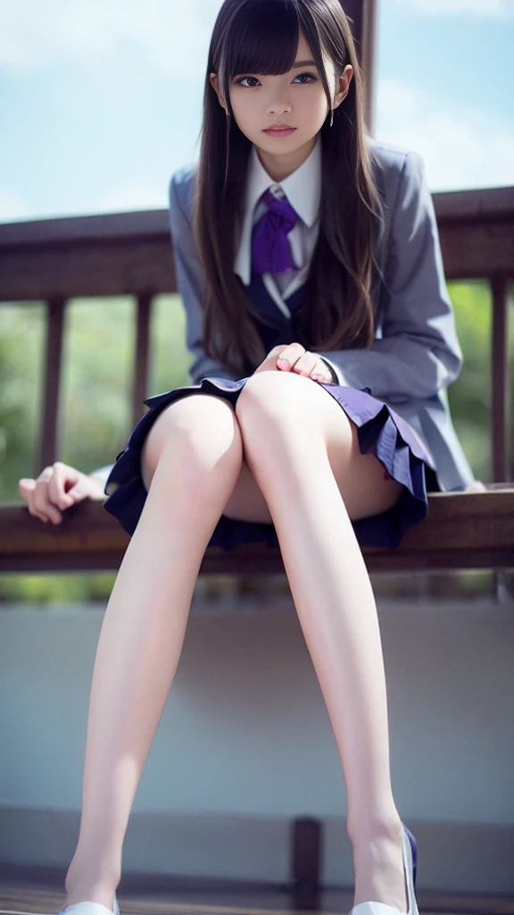 (Crouch down)、(Legs spread wide:1.9)、(A girl showing off her white panties)、Front low angle:1.5、(White blazer uniform、White and purple pleated skirt)、((highest quality)), (Super detailed), (8k ),Raw color photography, Professional photography, Great face and eyes, Skinny、Model Style、Outdoor、Natural light:1.4、((Focus on panties))、(Light shines on panties)、Blonde Hair、Mesh Color、Small breasts:1.3、Earrings、Hands on cheeks、Thin thighs、smile、