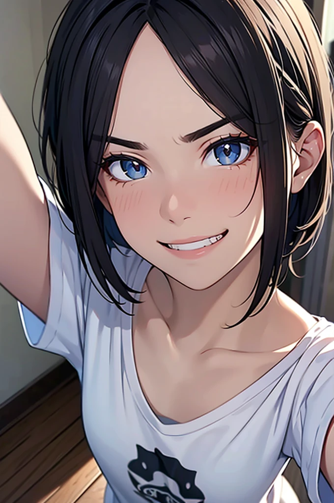 Masterpiece, High Resolution, High Definition CG Unity 8K,Realistic, RAW Photo, Beautifully Detailed Face, Detailed Hair Texture, Beautiful Face, Anatomically Correct,
slender, flat chest, dark hair, (very short hair), forehead, (flowing bangs), (sly eyes),
(solid white t-shirt),
room,
（nose blush),(displeased),(grin),
wariza,selfie,
(from above),