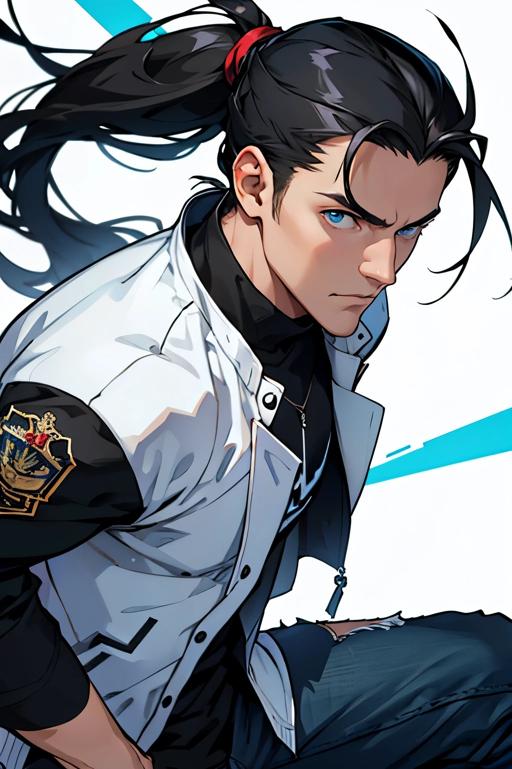 white young man, BLUE eyes, tall, black hair, casual clothes, long hair, ponytail, stern face, action pose