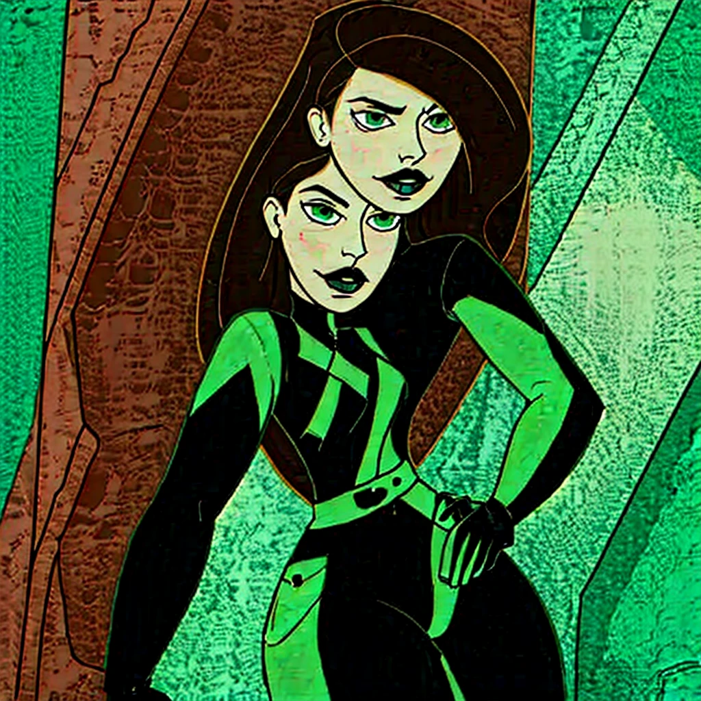 cartoon thin woman, long neck, long black hair, pale green skin, wearing a sci-fi diving suit. she is armed with an arm cannon