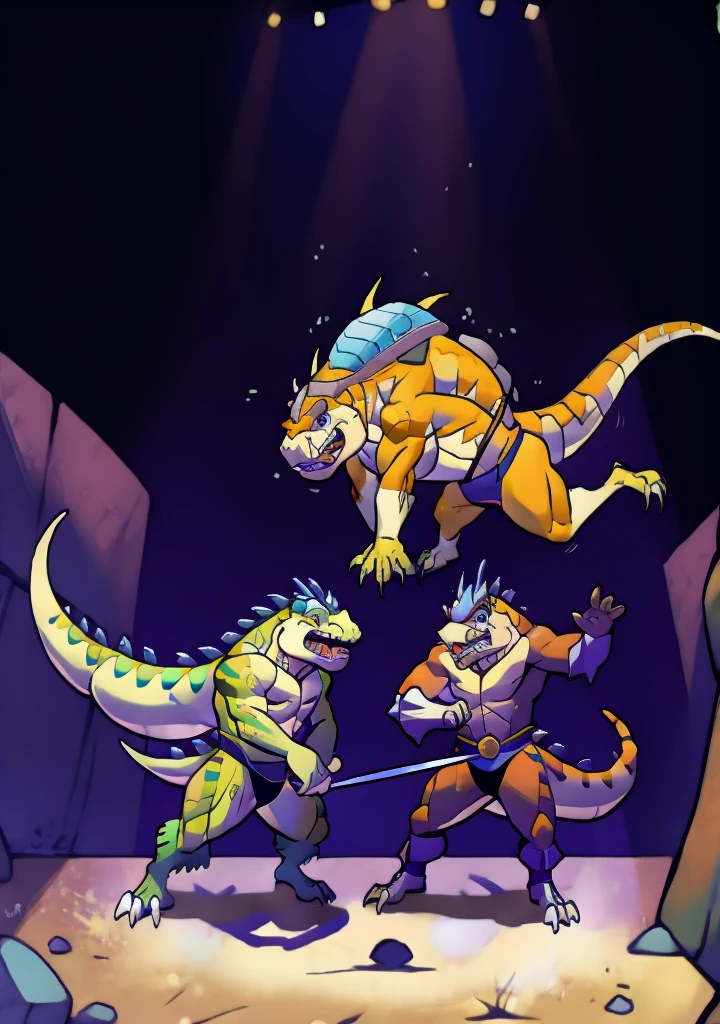 A lizardman with a fish helmet duels in the arena
