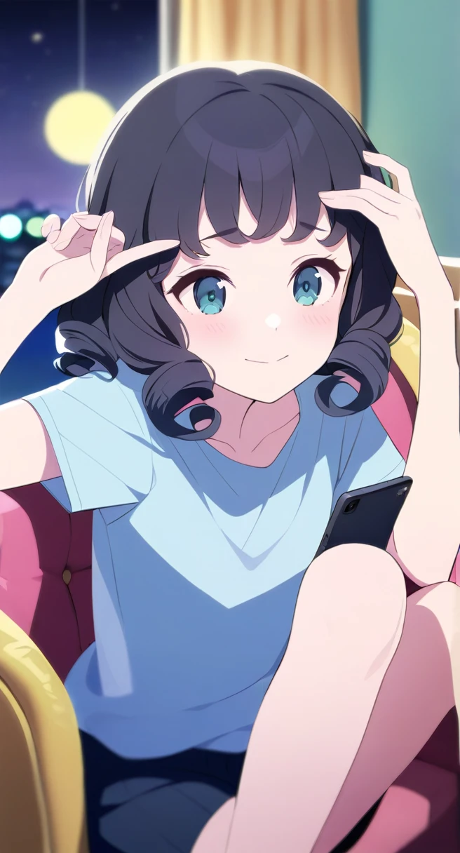 (masterpiece, highest quality),night、living、A girl with curly black hair in a cute outfit is sitting on a sofa playing with her hair、Holding a smartphone in the other hand、 The main focus is on the girl, right down to her fingers.