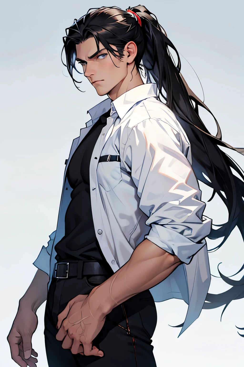portrait, cowboy shoot, stern face, white young man, BLUE eyes, tall, white shirt, black pants, black hair, casual clothes, long hair, ponytail