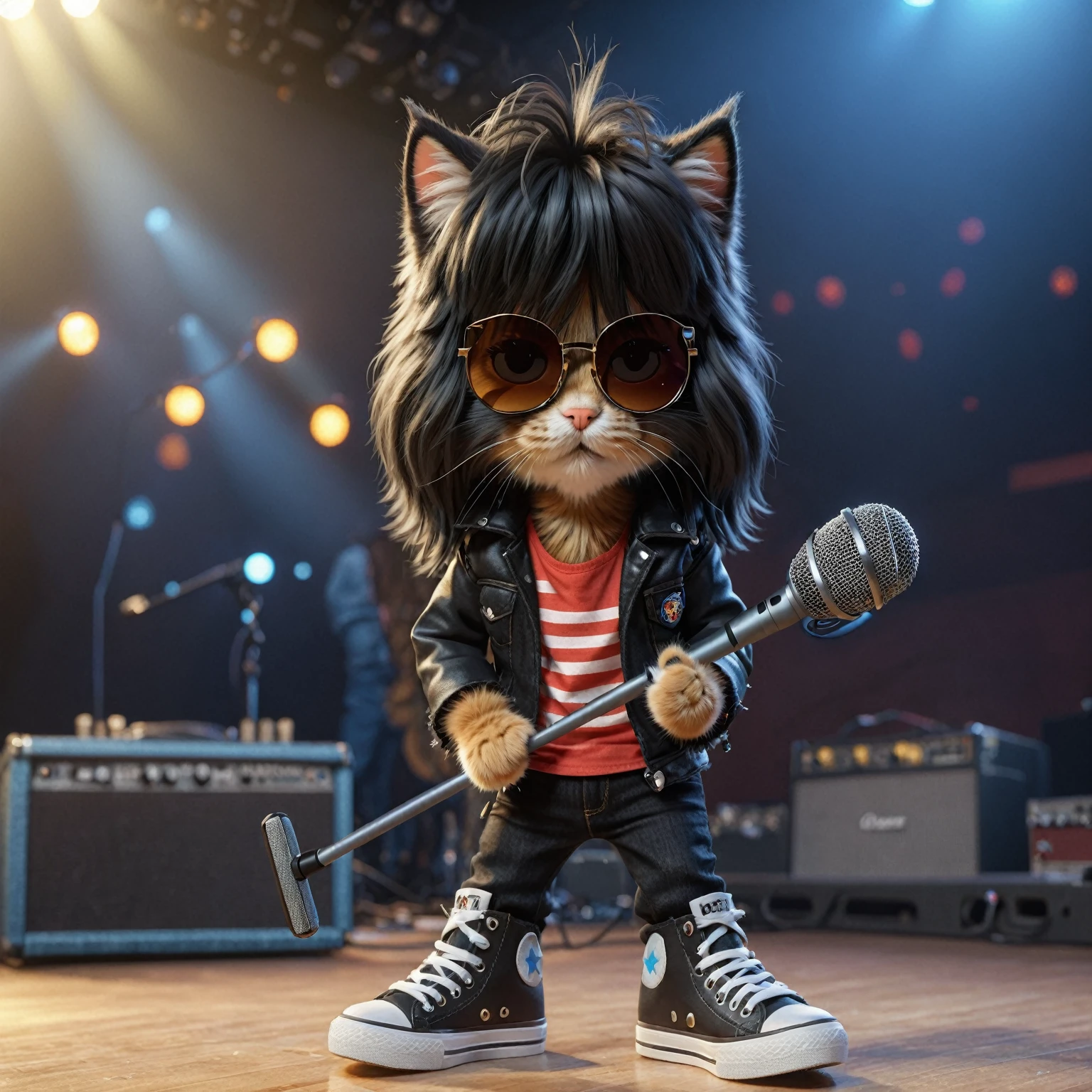 Cute anthropomorphic kitten fluffy cartoon with very long hair black with bangs, singing with microphone in hand (black sunglasses with oval lenses) by Joey Ramone digital painting 3d cosplay Ramones pants jeans, All Star shoes in the background concert stage with several lights blue, isometric view, Cinematic, Hyperrealistic, Backlit, Extremely low angle, Highly detailed, scaled down, Unrealistic rendering, 16K