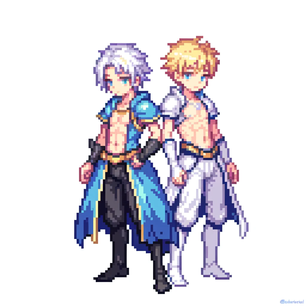 masterpiece , best quality , pixel art , 1 boy , fantasy clothes , full body , white background , hero , two heads