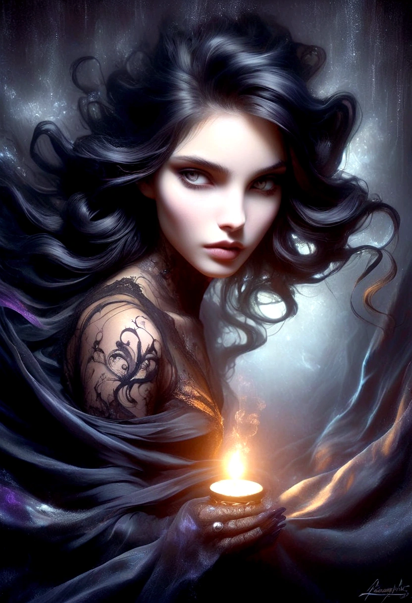 RageStyle In Casey Baugh's evocative style, a Gothic girl emerges from the depths of darkness, her essence a captivating blend of mystery and allure. With piercing eyes and flowing ebony hair, she exudes an enigmatic presence that draws viewers into her world. Baugh's brushwork infuses the painting with a unique combination of realism and abstraction, highlighting the girl's delicate features and contrasting them against a backdrop of deep, rich hues. The interplay of light and shadow adds depth and dimension to the artwork, creating a hauntingly beautiful portrayal of this Gothic muse. Baugh's distinctive style captures the essence of the girl's enigmatic nature, inviting viewers to explore the depths of her soul. Signature